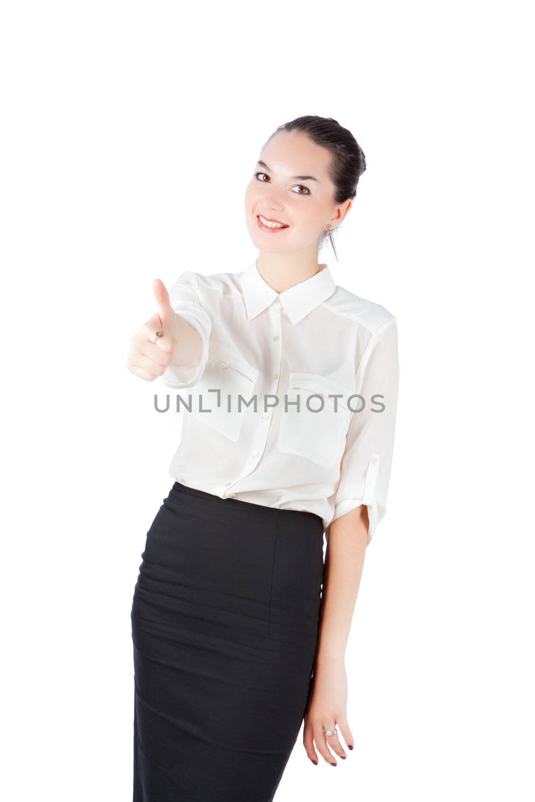 woman in business style keeps finger up isolated on white background