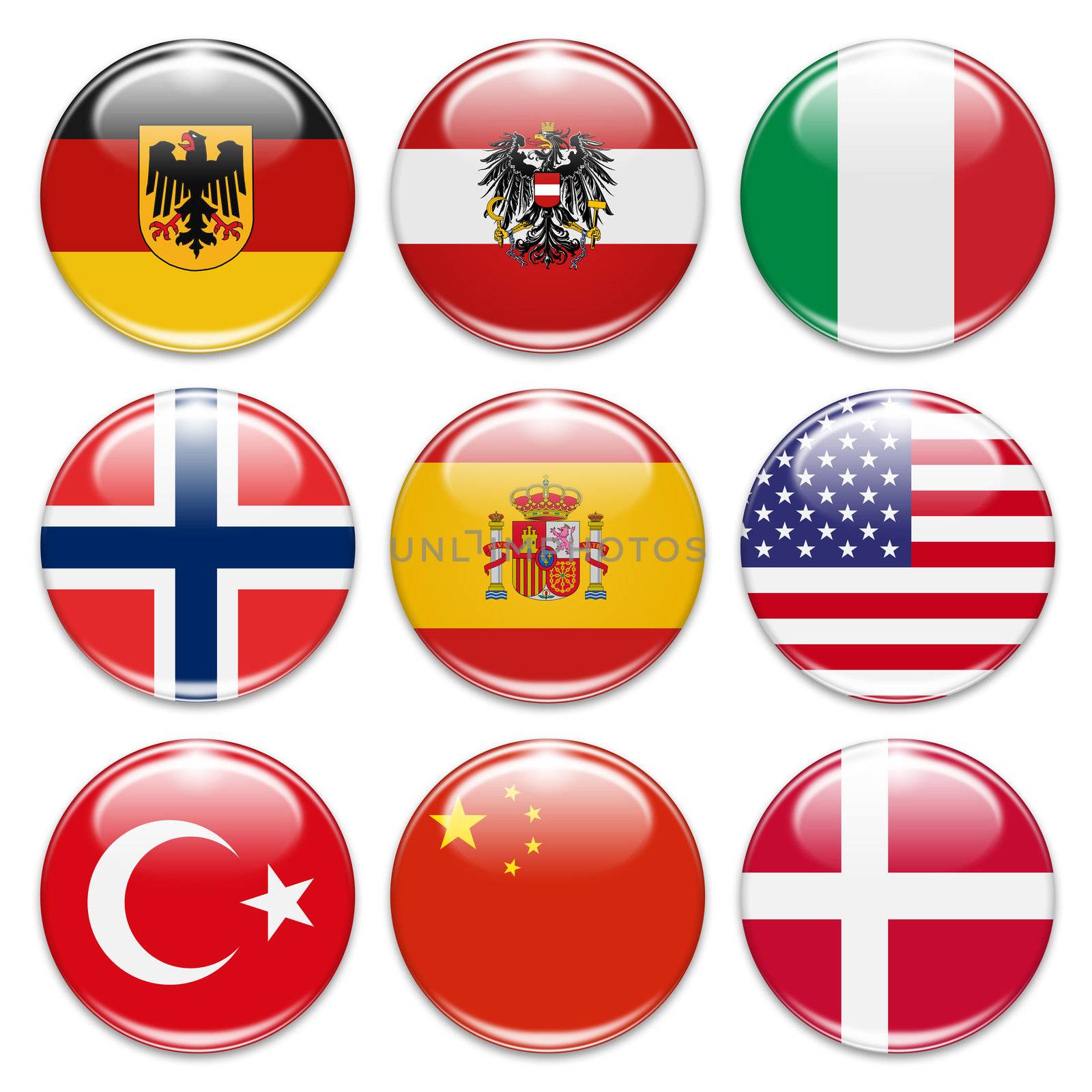 buttons of germany, austria, italy, norway, spain, usa, turkey, china, and denmark isolated on white