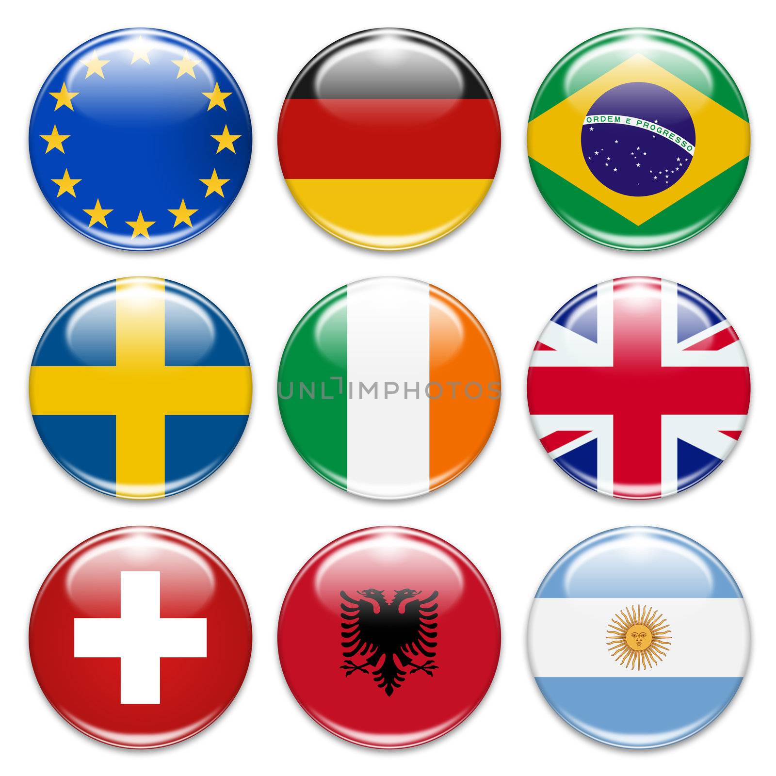 buttons of the eu, germany, brazil, sweden, ireland,united kingdom, switzerland, albania, and argentina isolated on white