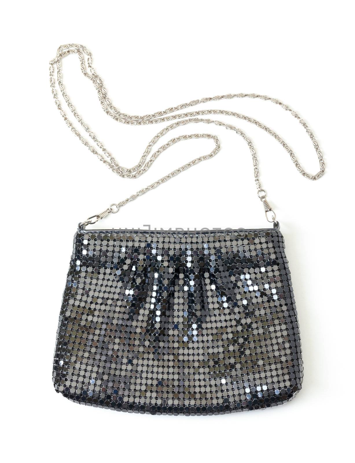 Classic black handbag with a silver chain strap on a white studio background