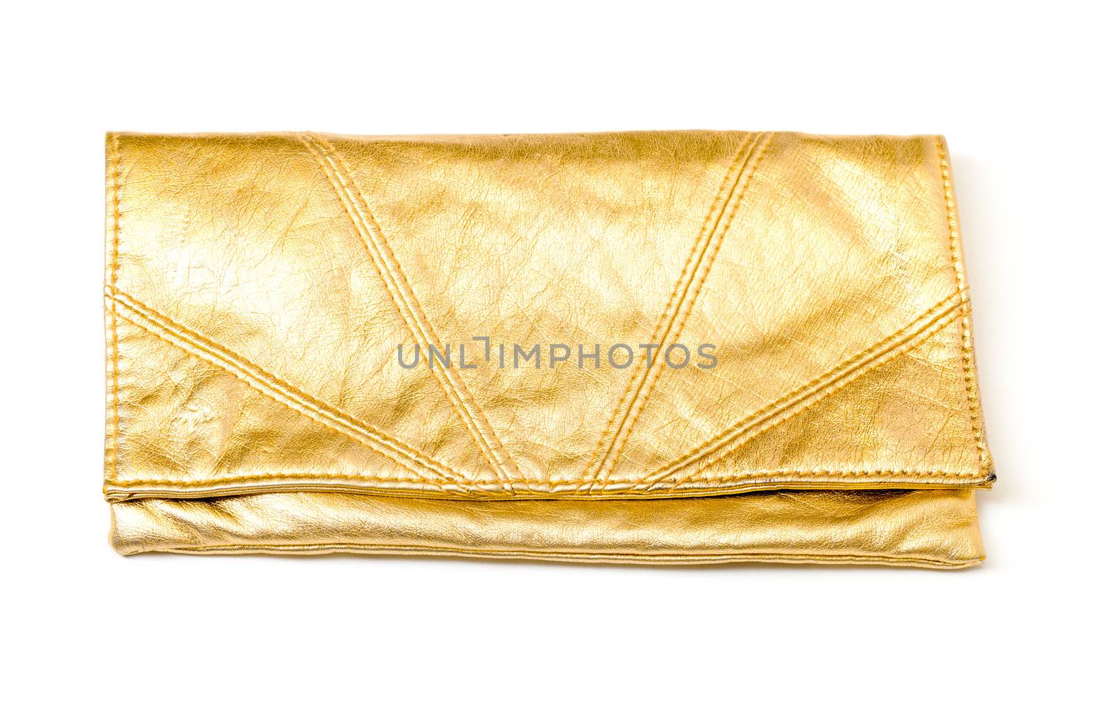 Luxury gold leather clutch bag in a simple classical design for evening use on a white background