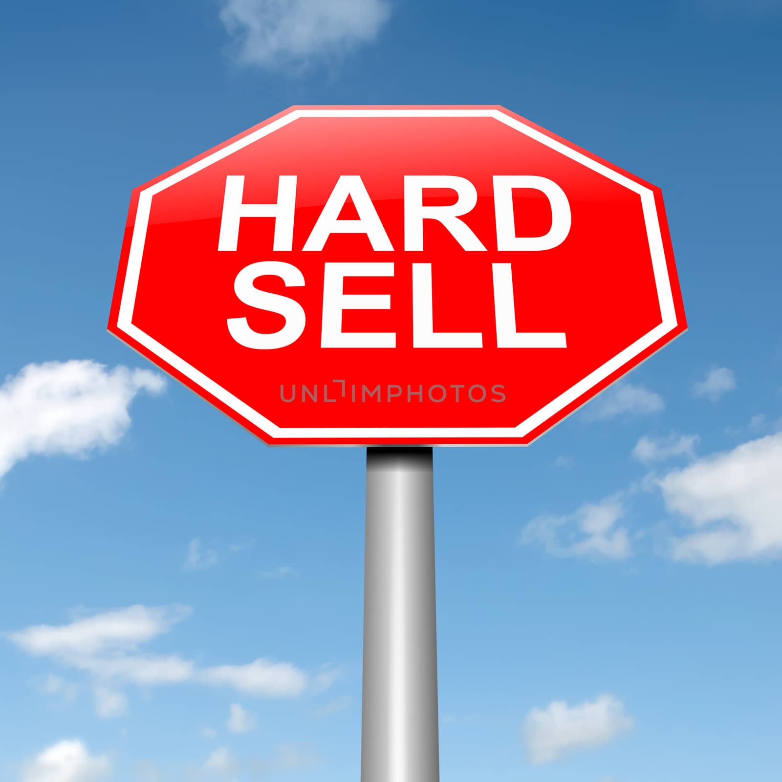Illustration depicting a roadsign with a hard sell concept. Sky background.
