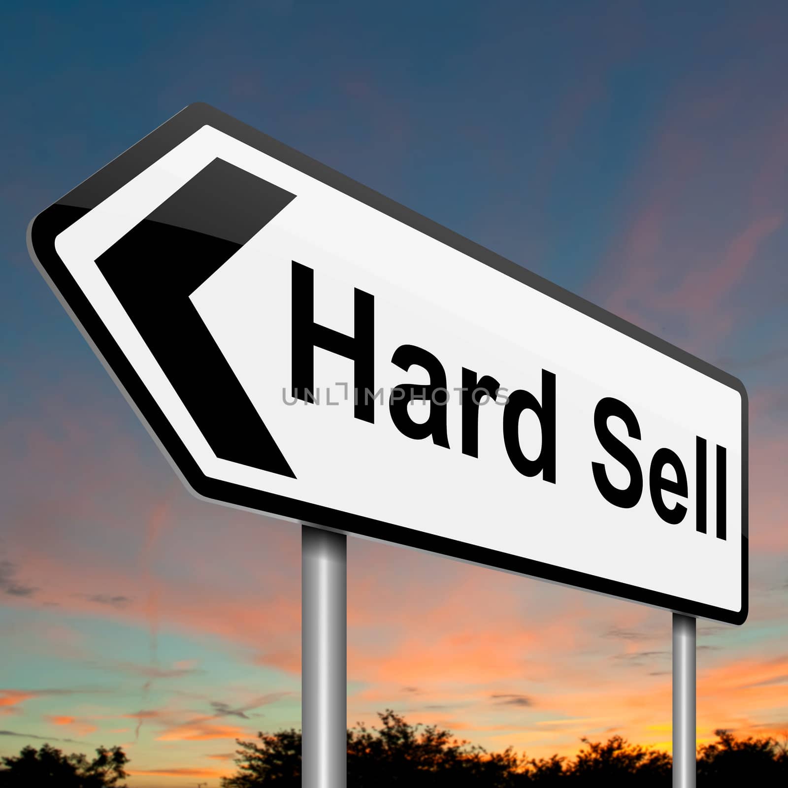 Illustration depicting a roadsign with a hard sell concept. Evening sky background.