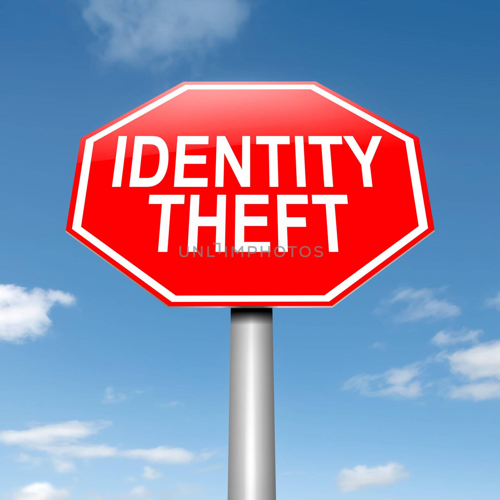Illustration depicting a roadsign with an identity theft concept. Sky background.