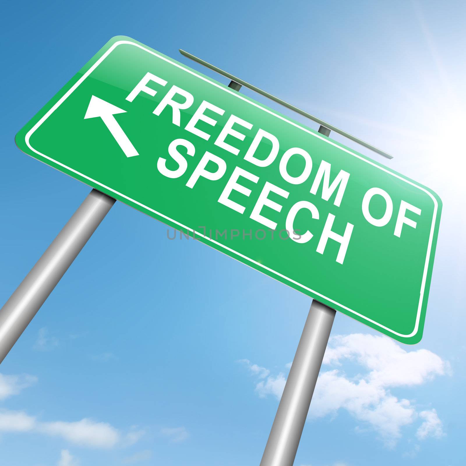 Illustration depicting a roadsign with a freedom of speech concept. Sky background.