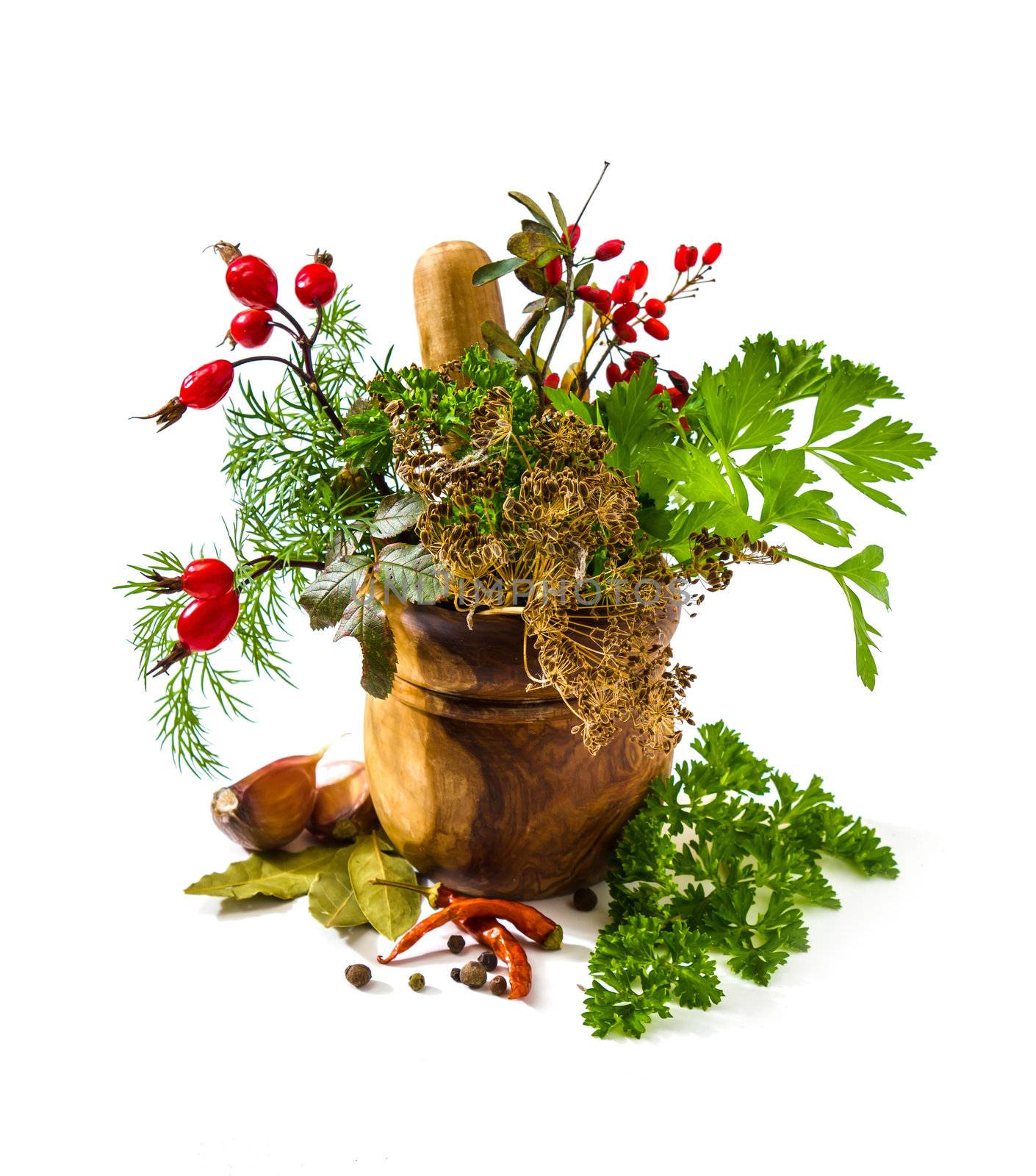 Spices and herbs in a mortar isolated on white background