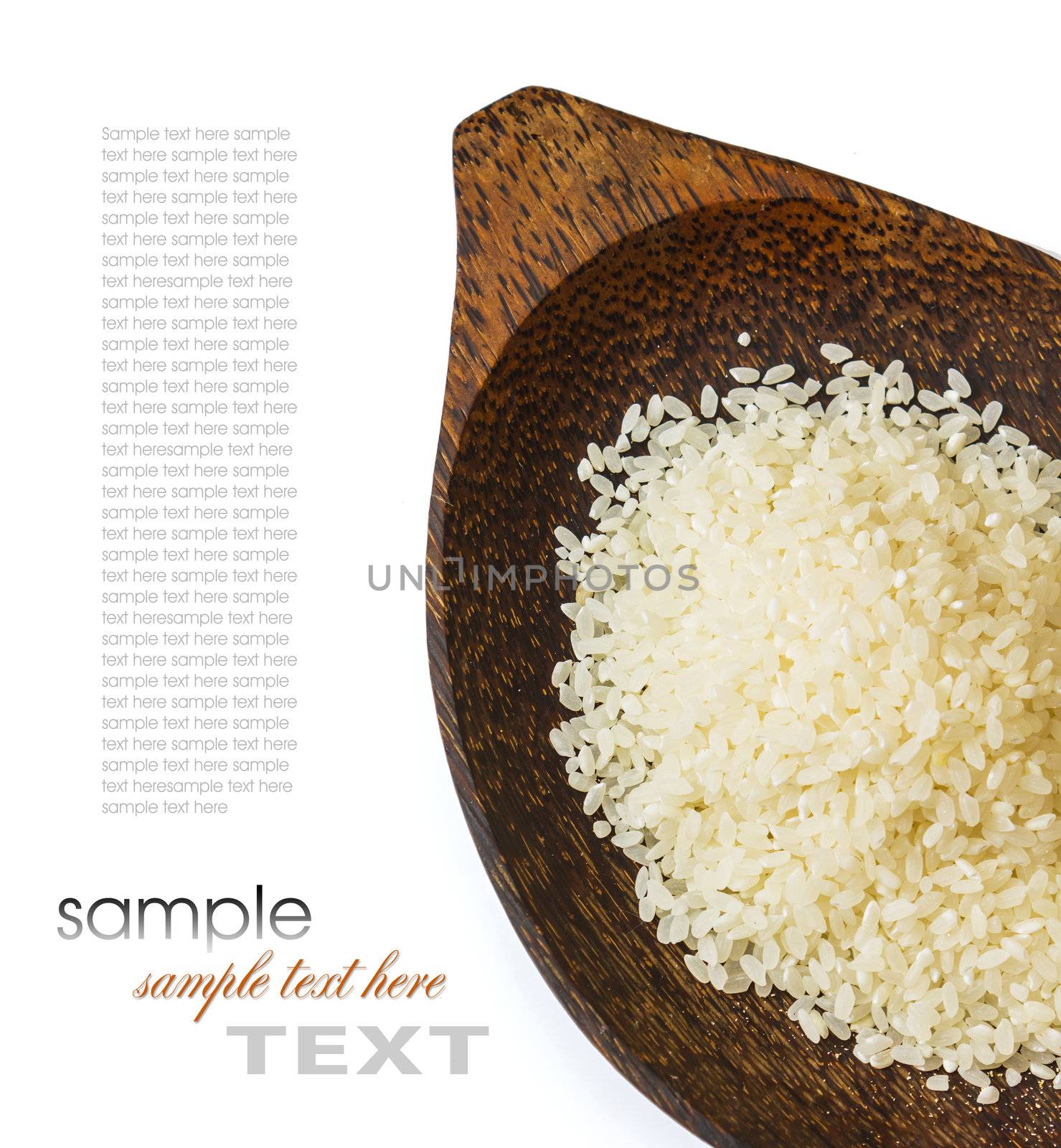 Rice in wooden plate isolated on white background