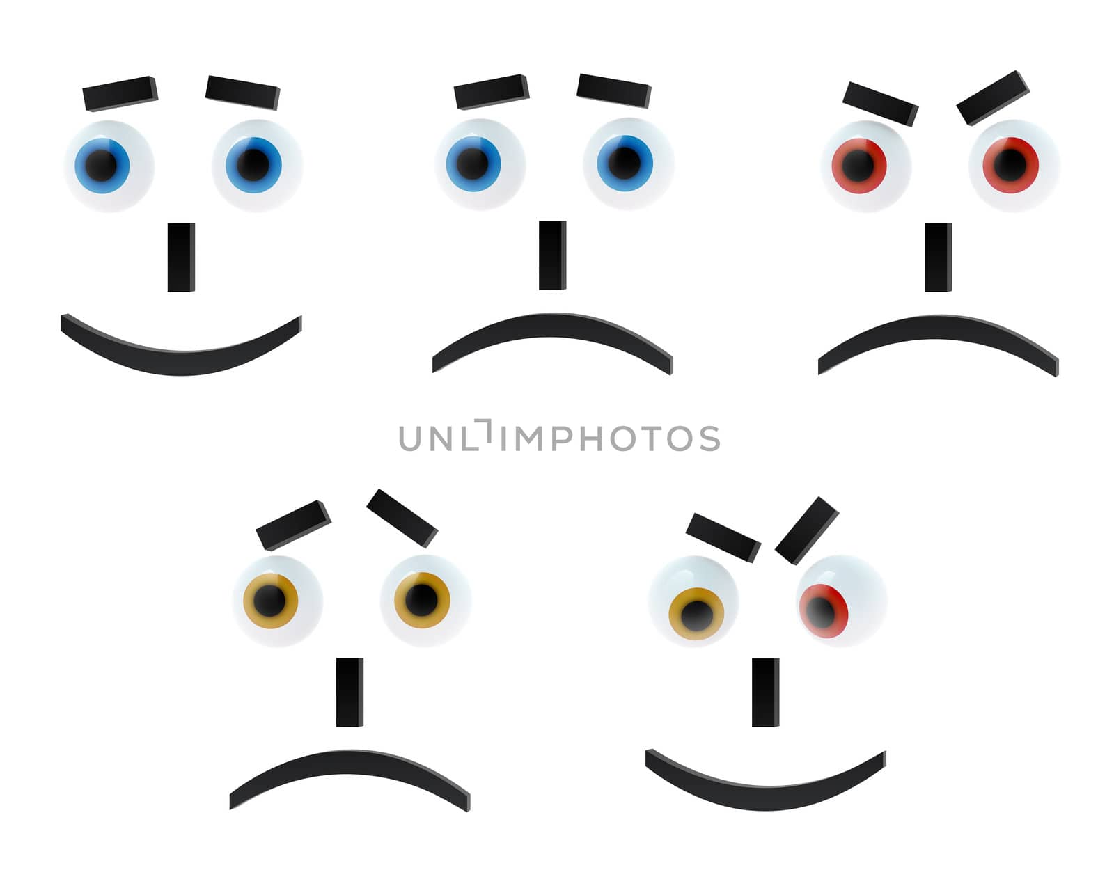 Set of five 3D-emoticons on white background: cheerful, sad, surprised, aggressive and crazy