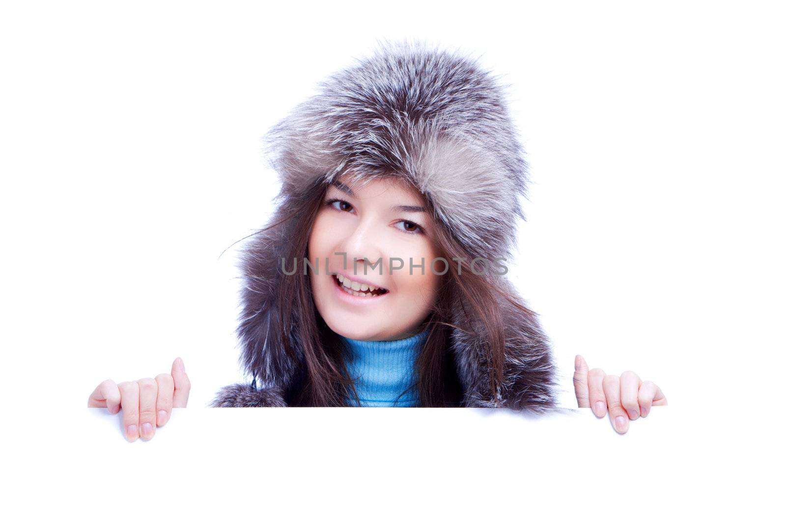 smiling winter woman hold banner by nigerfoxy
