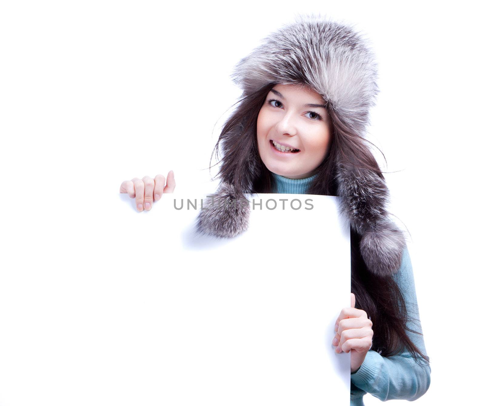 smiling woman hold banner in fur cap hold banner isolated