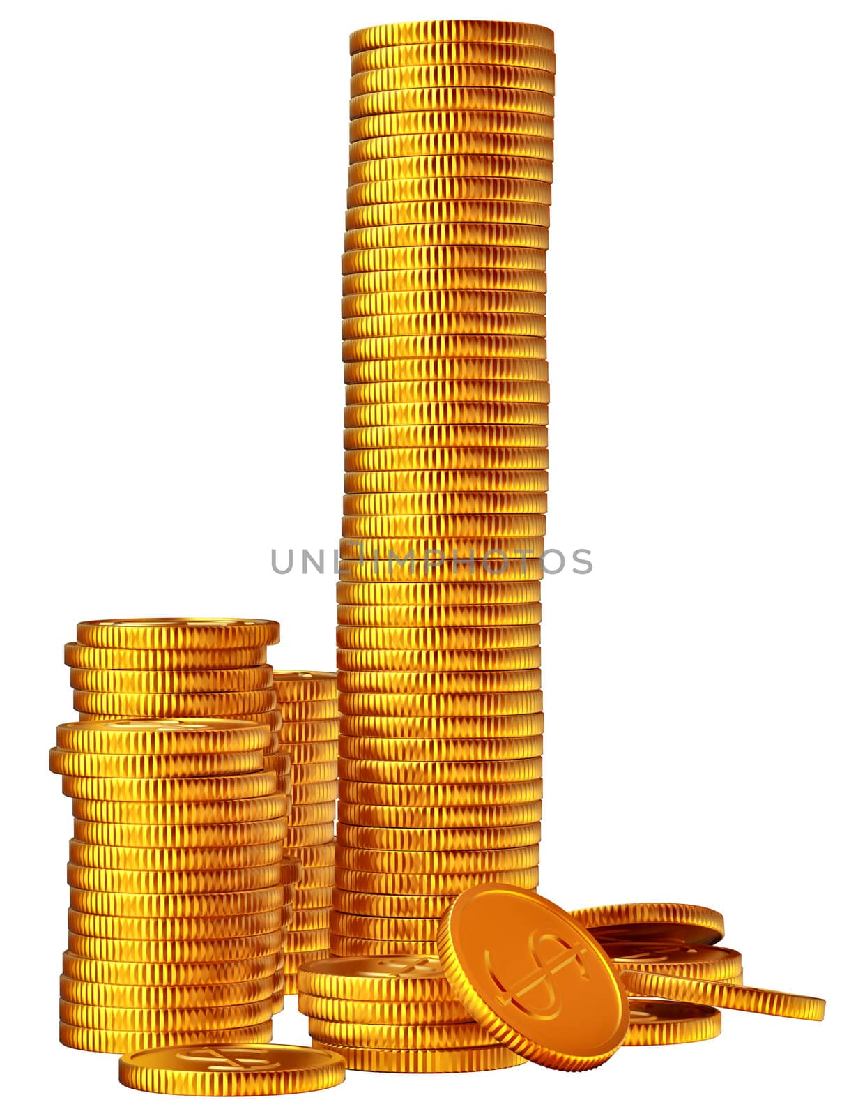 Stacks of golden dollar coins on white background