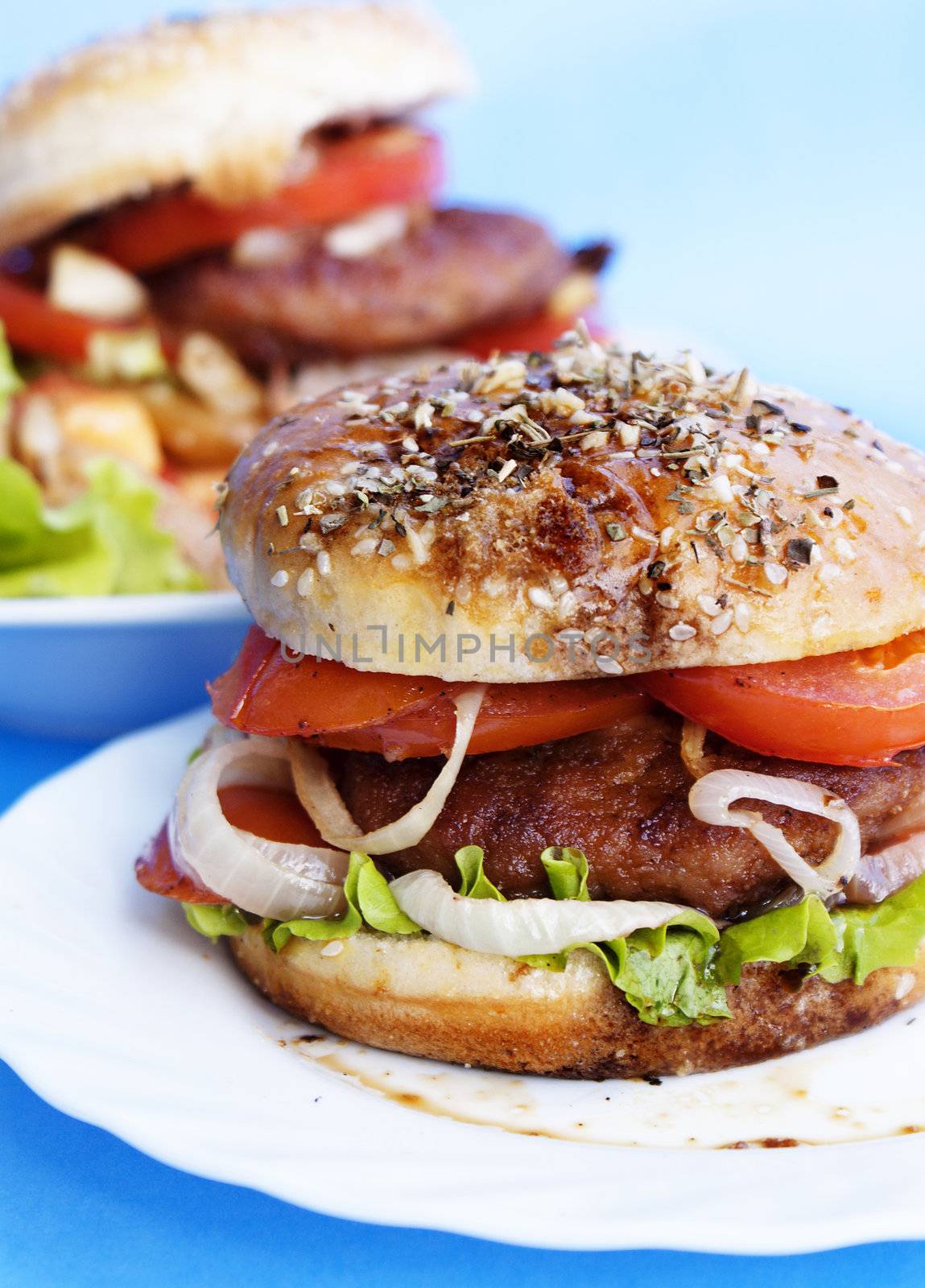 Burger with meat and baked vegetables