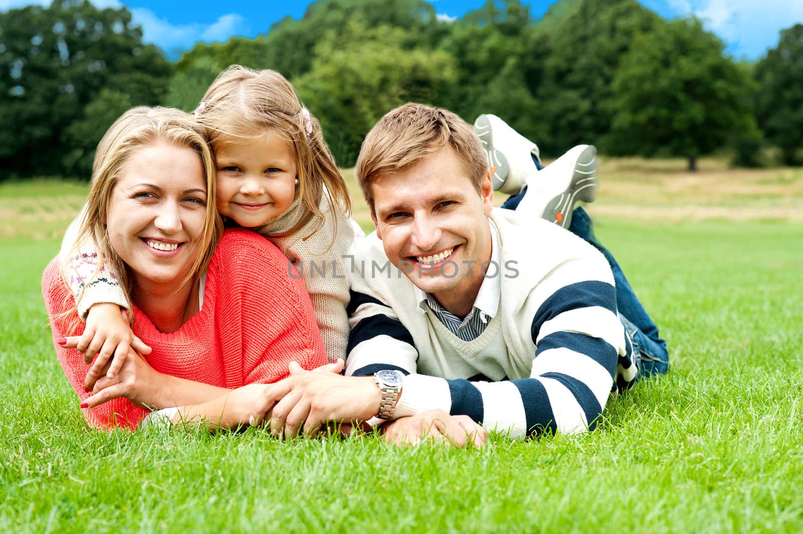 Joyous family in a park enjoying day out by stockyimages