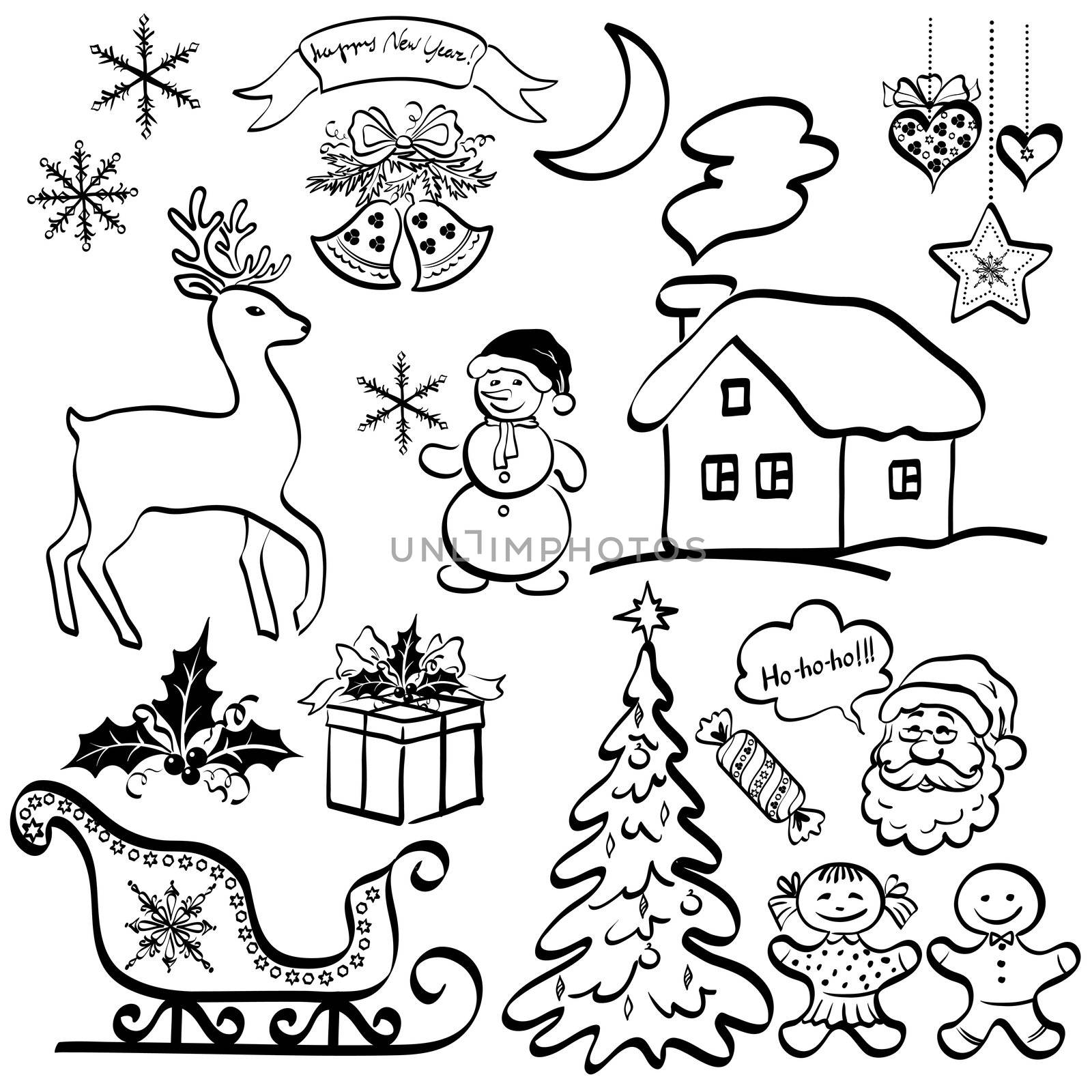 Christmas elements for holiday design, set of black cartoon silhouettes on white background