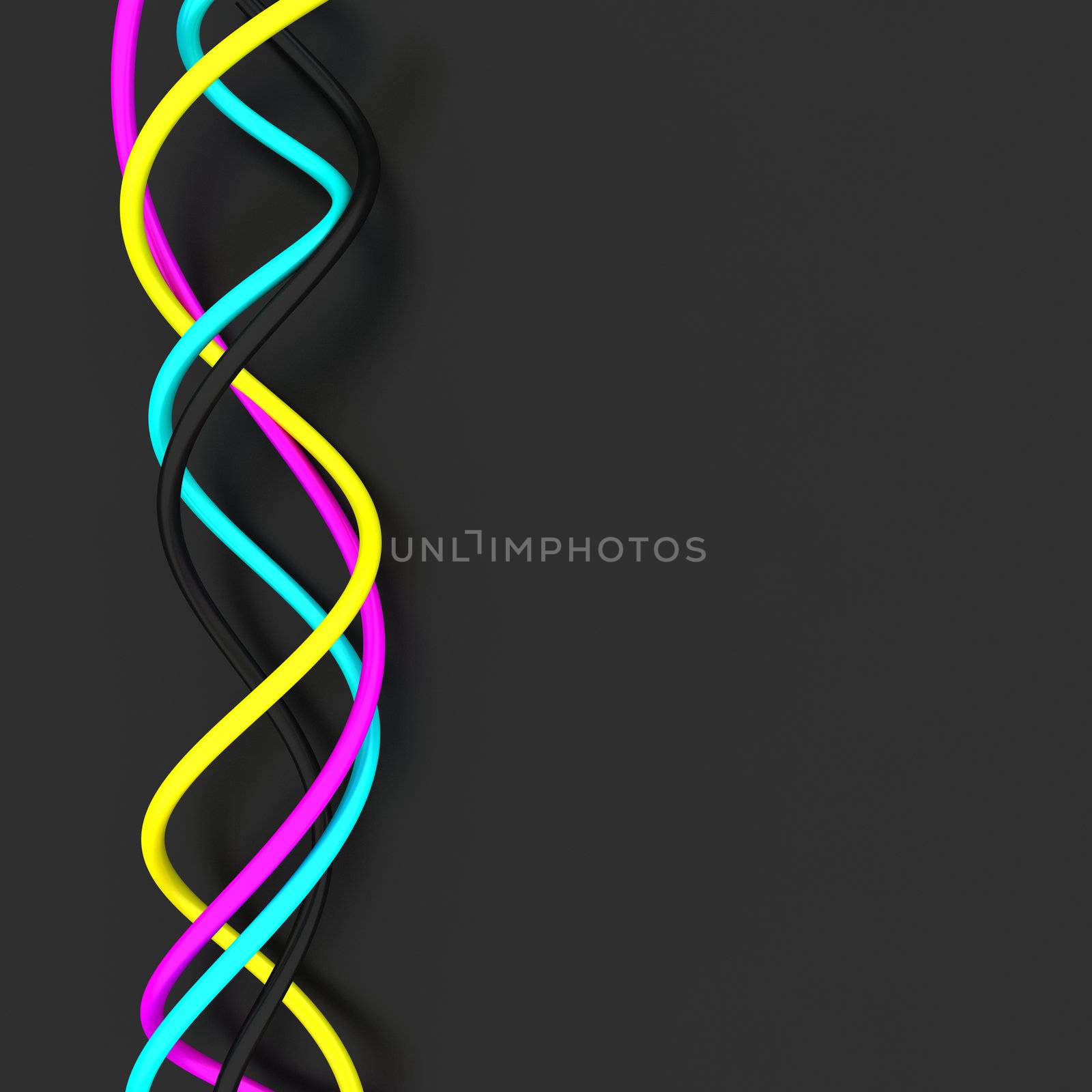 Spirals of cmyk colors on the black background