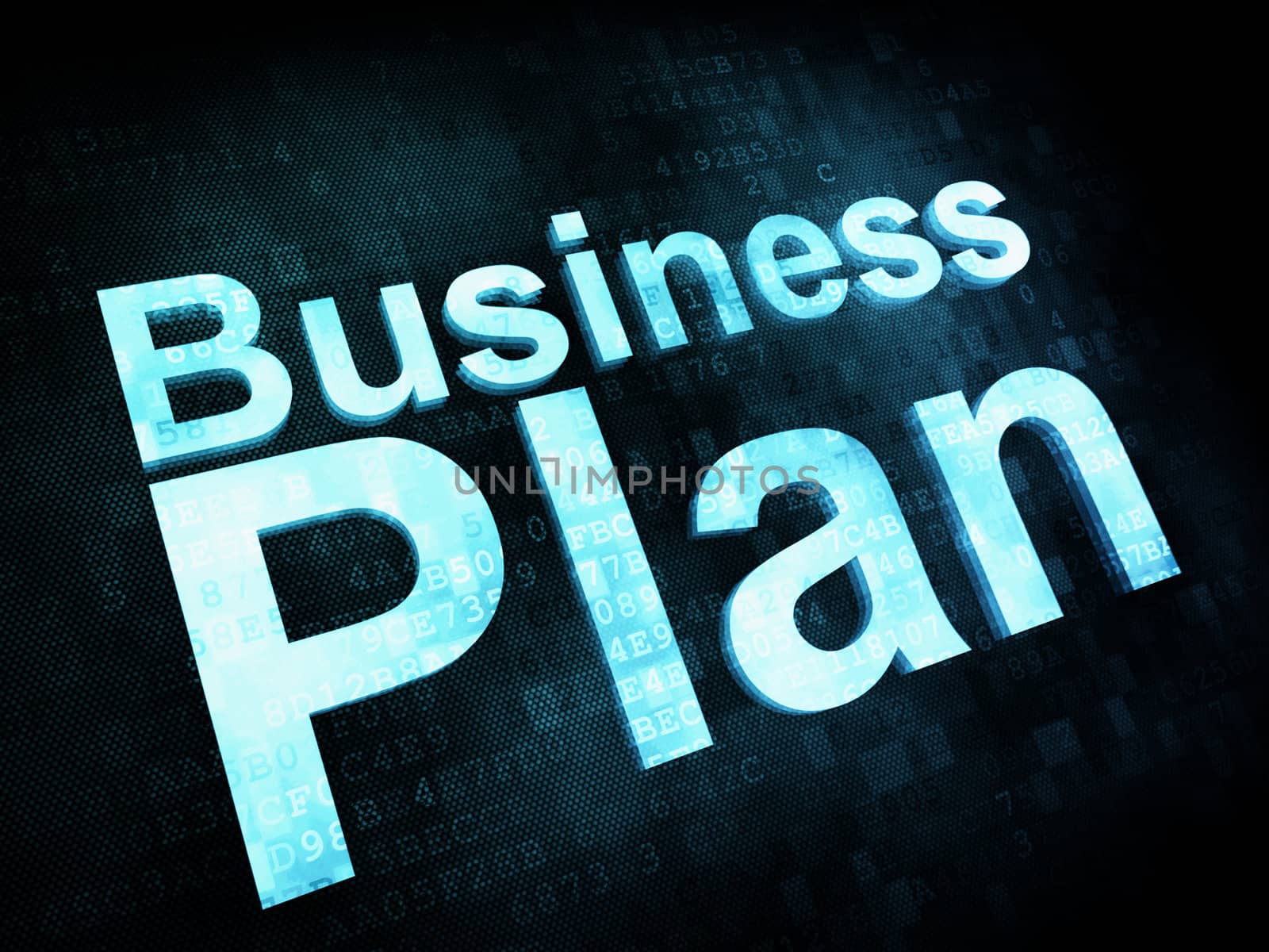 Business concept: pixelated words Business Plan on digital screen, 3d render
