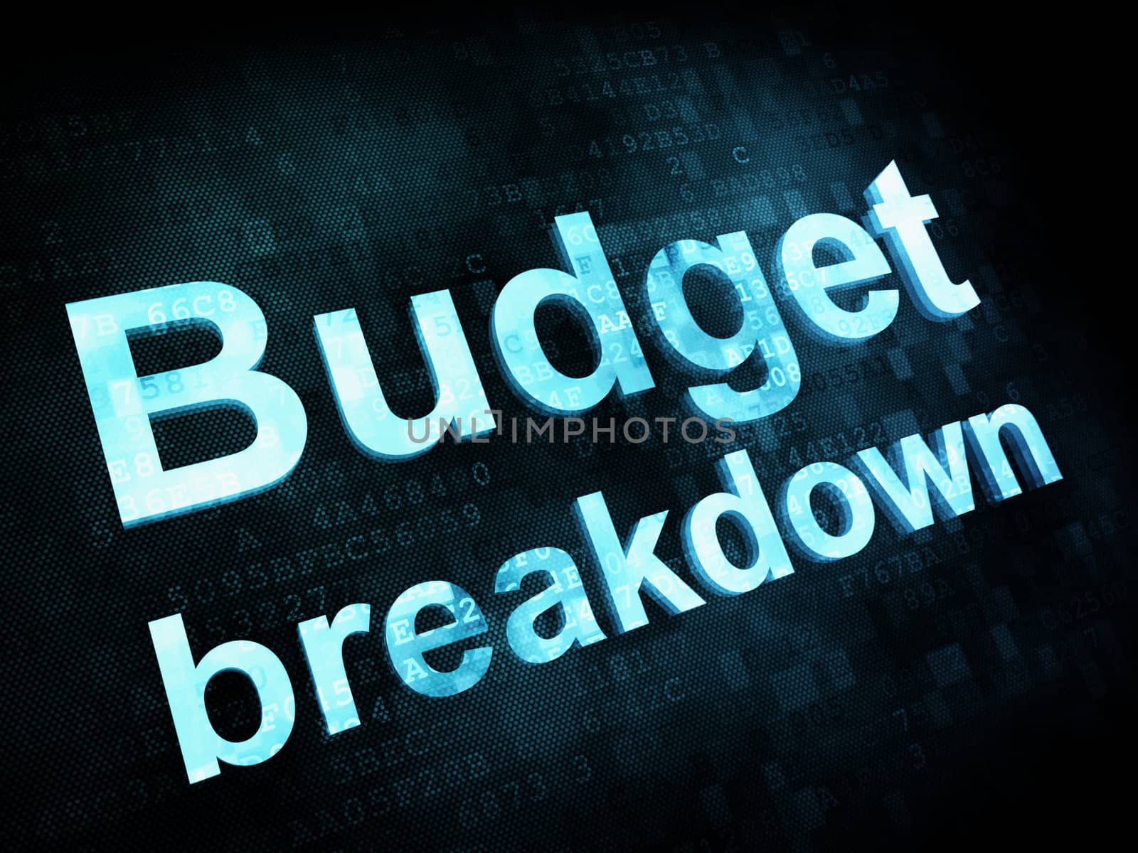 Business concept: pixelated words Budget breakdown on digital screen, 3d render
