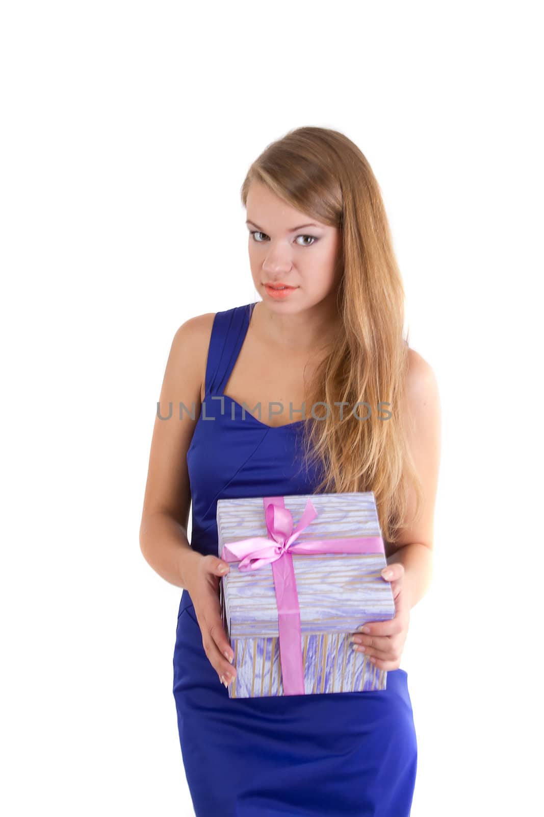 picture of cheerful santa helper girl with gift box