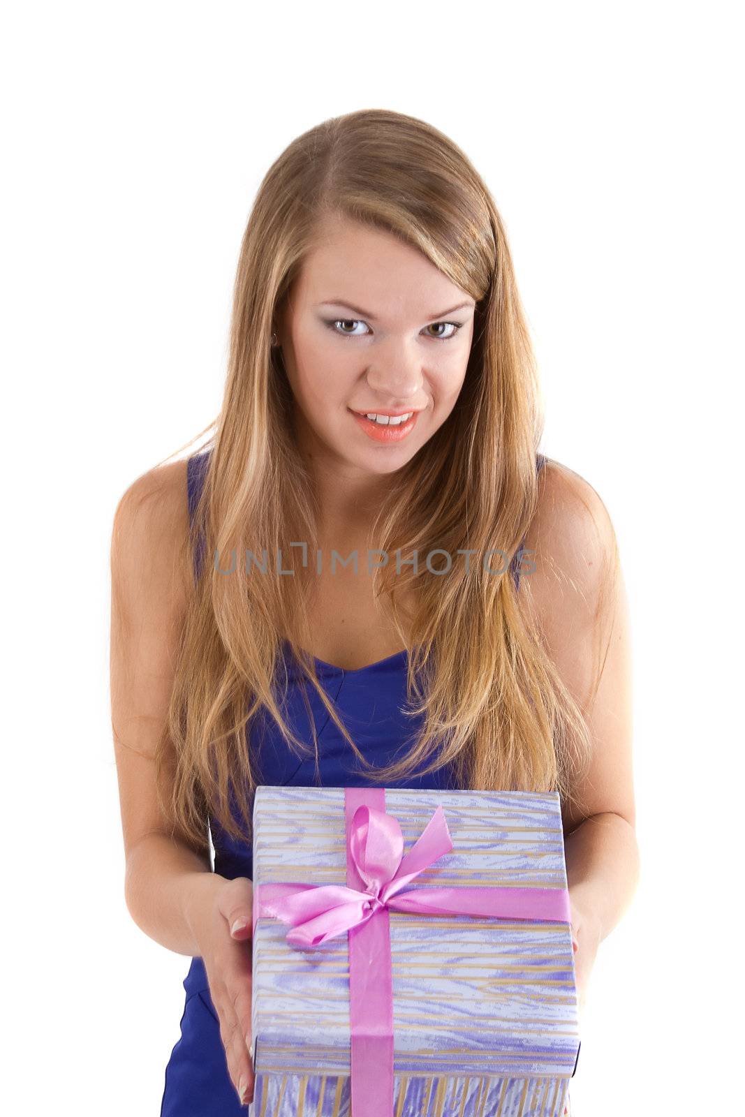 picture of cheerful santa helper girl with gift box