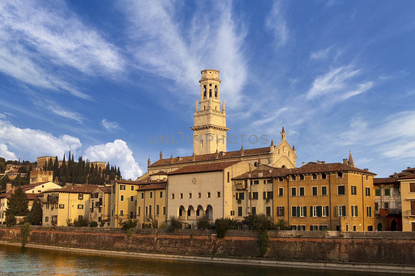 View of Adige River, Cathedral, Castel San Pietro in Verona Italy