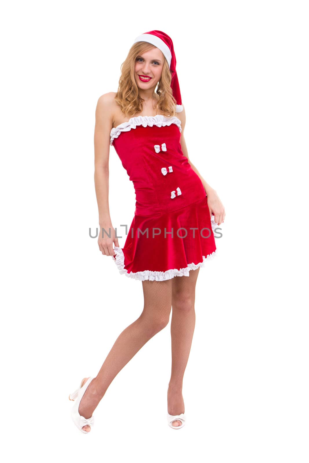 woman wearing santa claus clothes posing against isolated white background