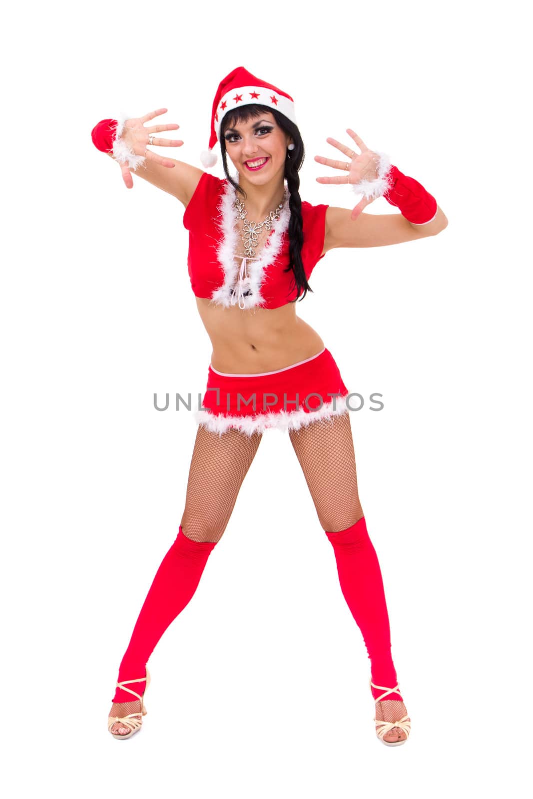 woman wearing santa claus clothes posing against isolated white background