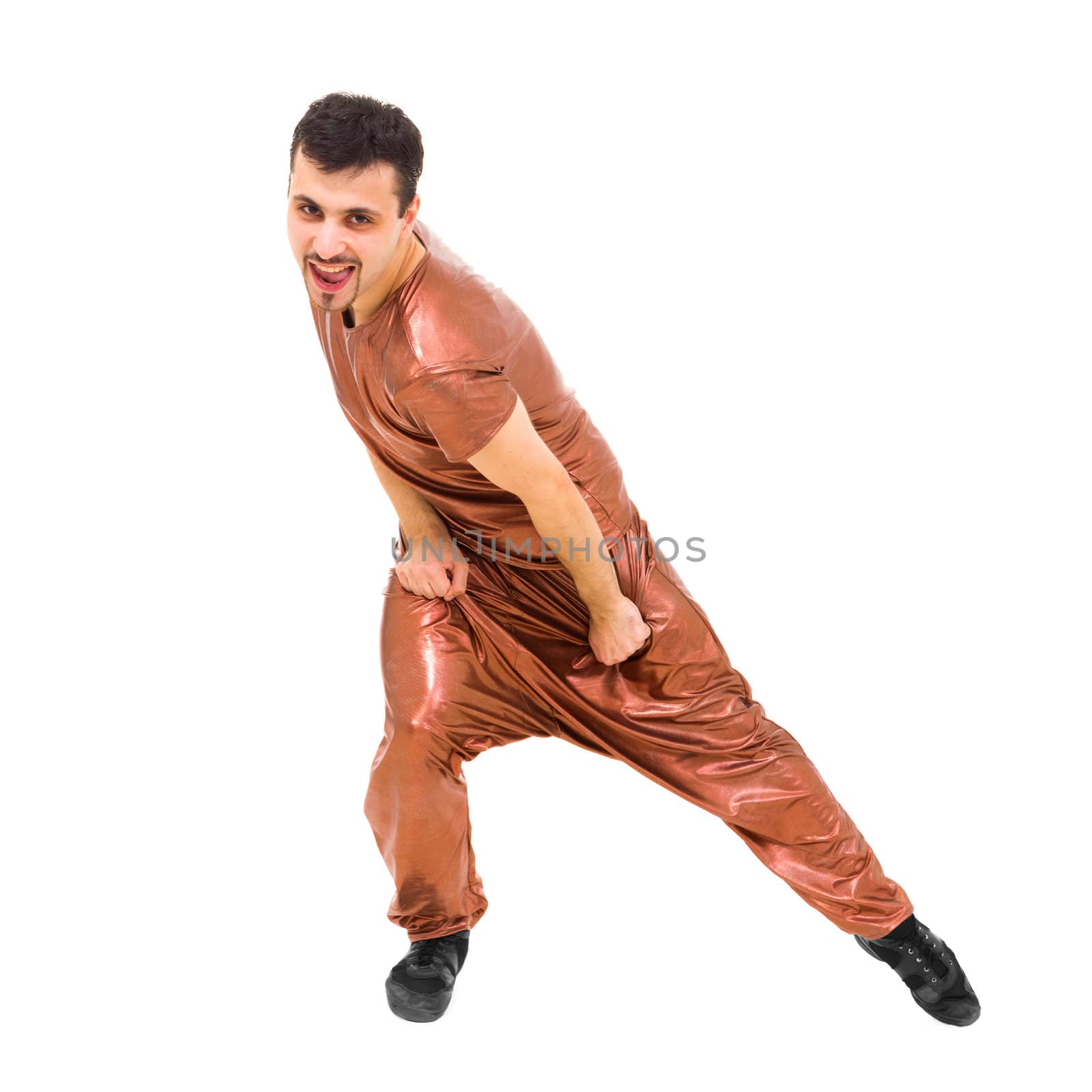 Attractive dancer showing some movements against isolated white background