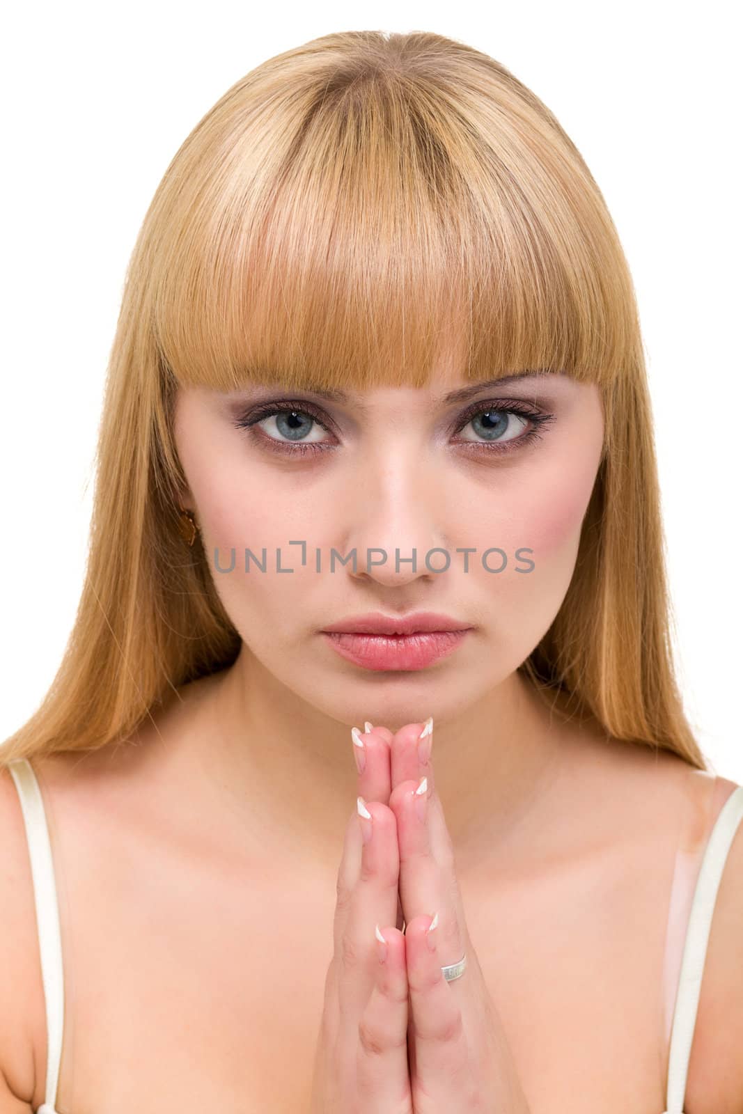 young woman praying, isolated on white background
