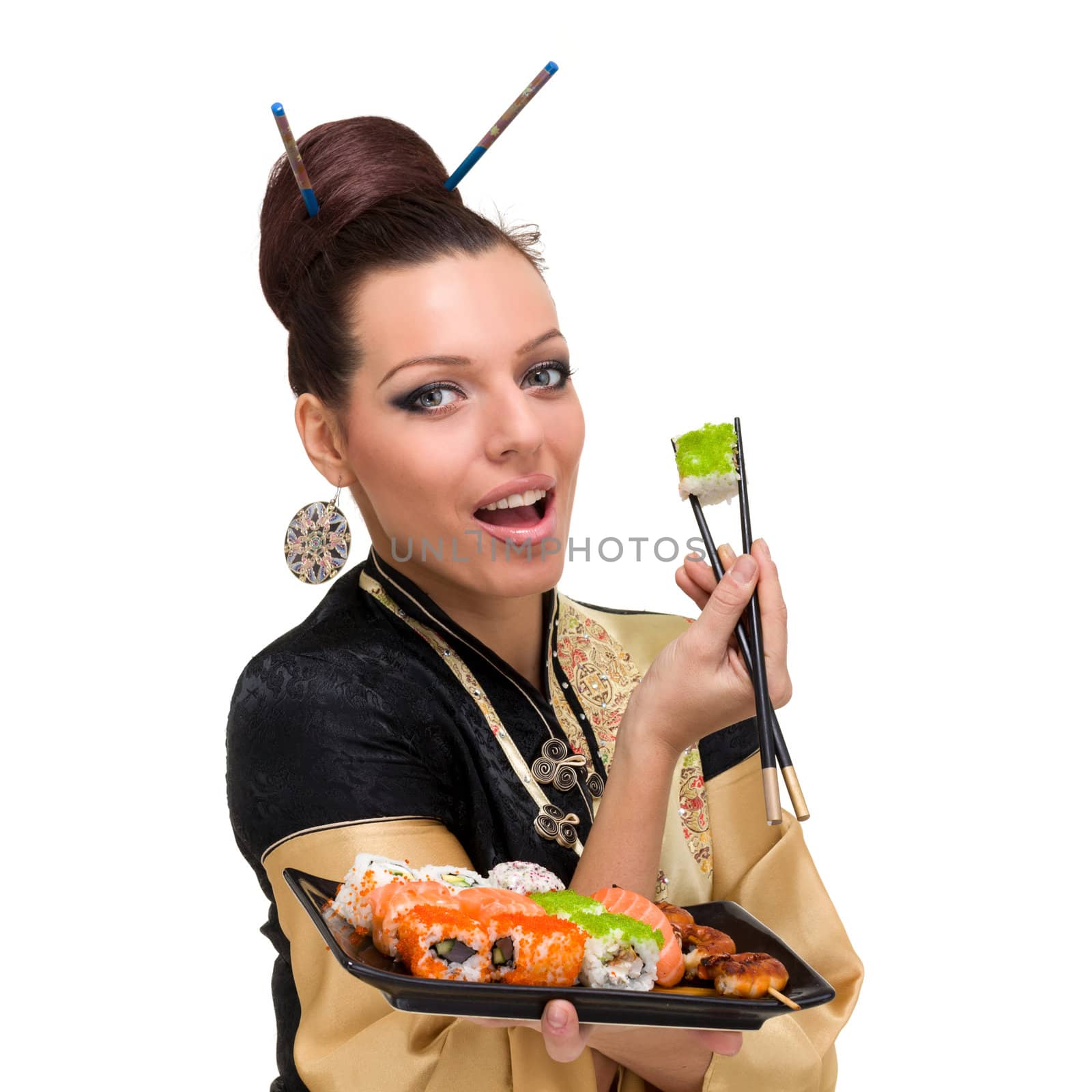 Close up portrait of young woman with sushi, isolated on white background.