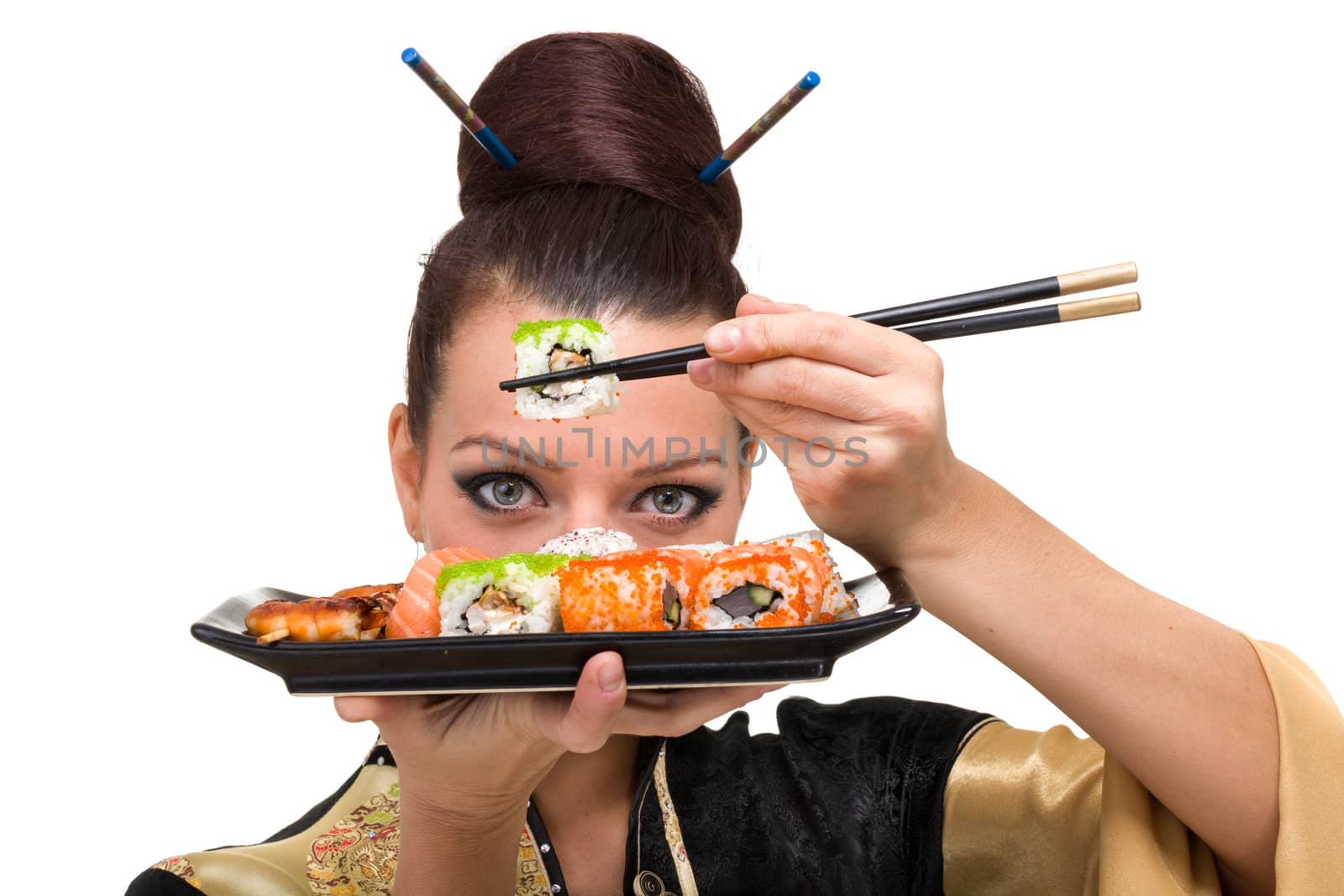 Close up portrait of young woman with sushi
