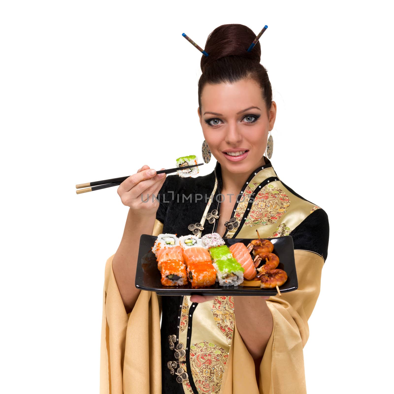 Woman wearing a traditional dress eating sushi, isolated on white background.