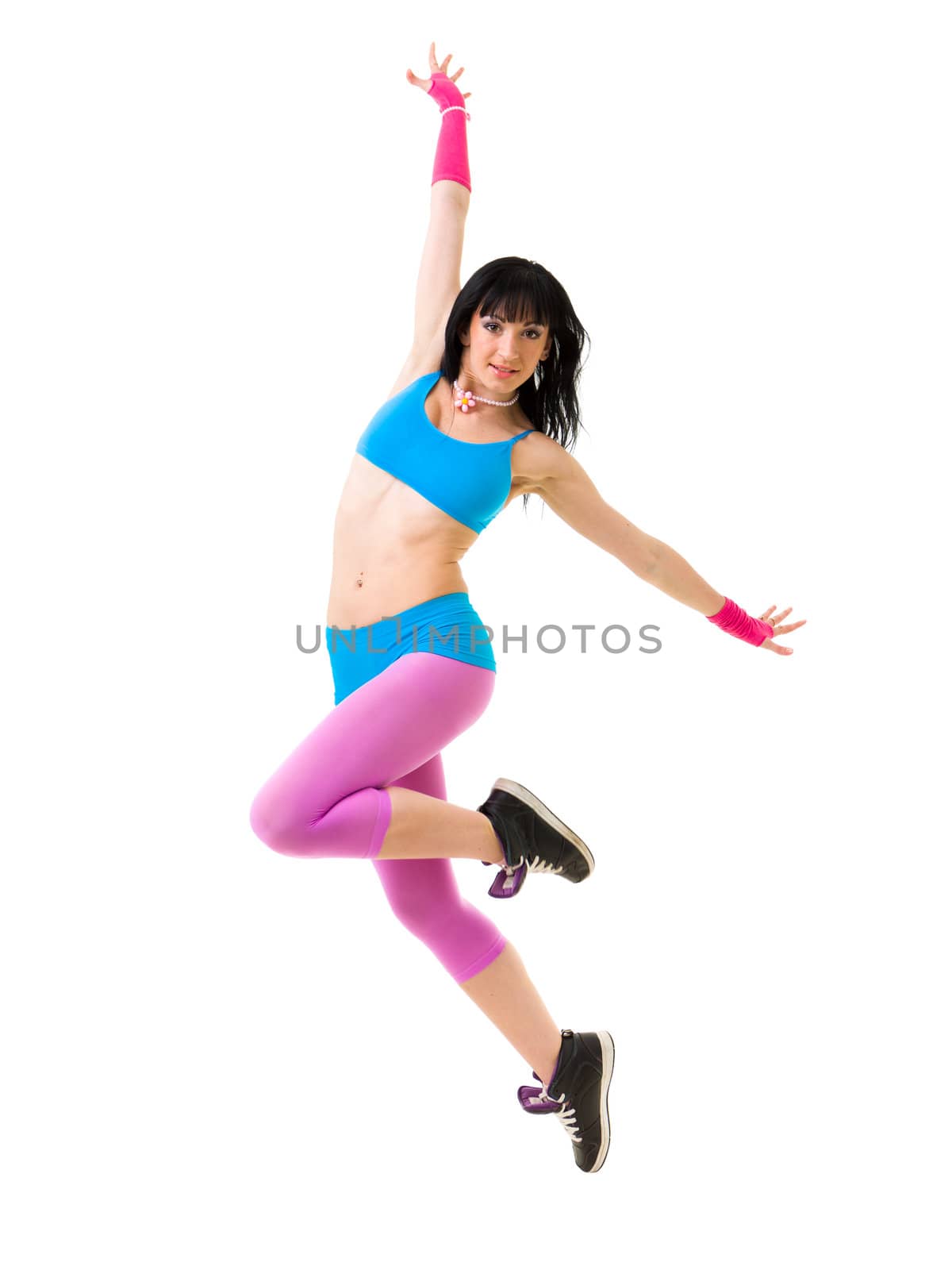 Gymnast girl dancing against isolated white background