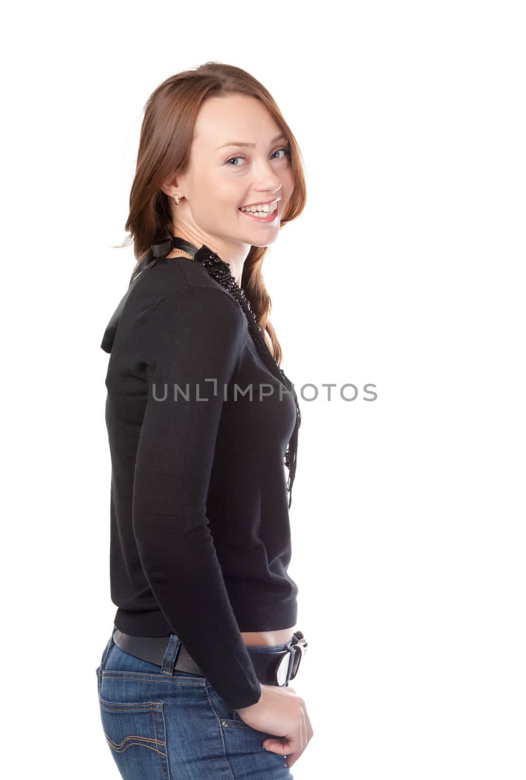 Attractive young casual woman posing on white background