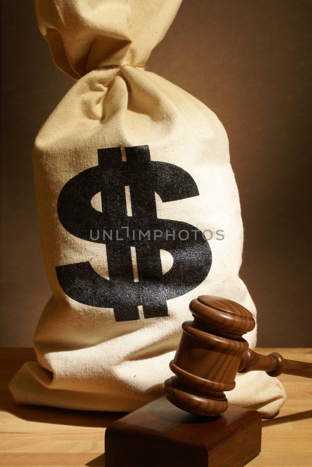 A bag of money and gavel represent many legal expenses.