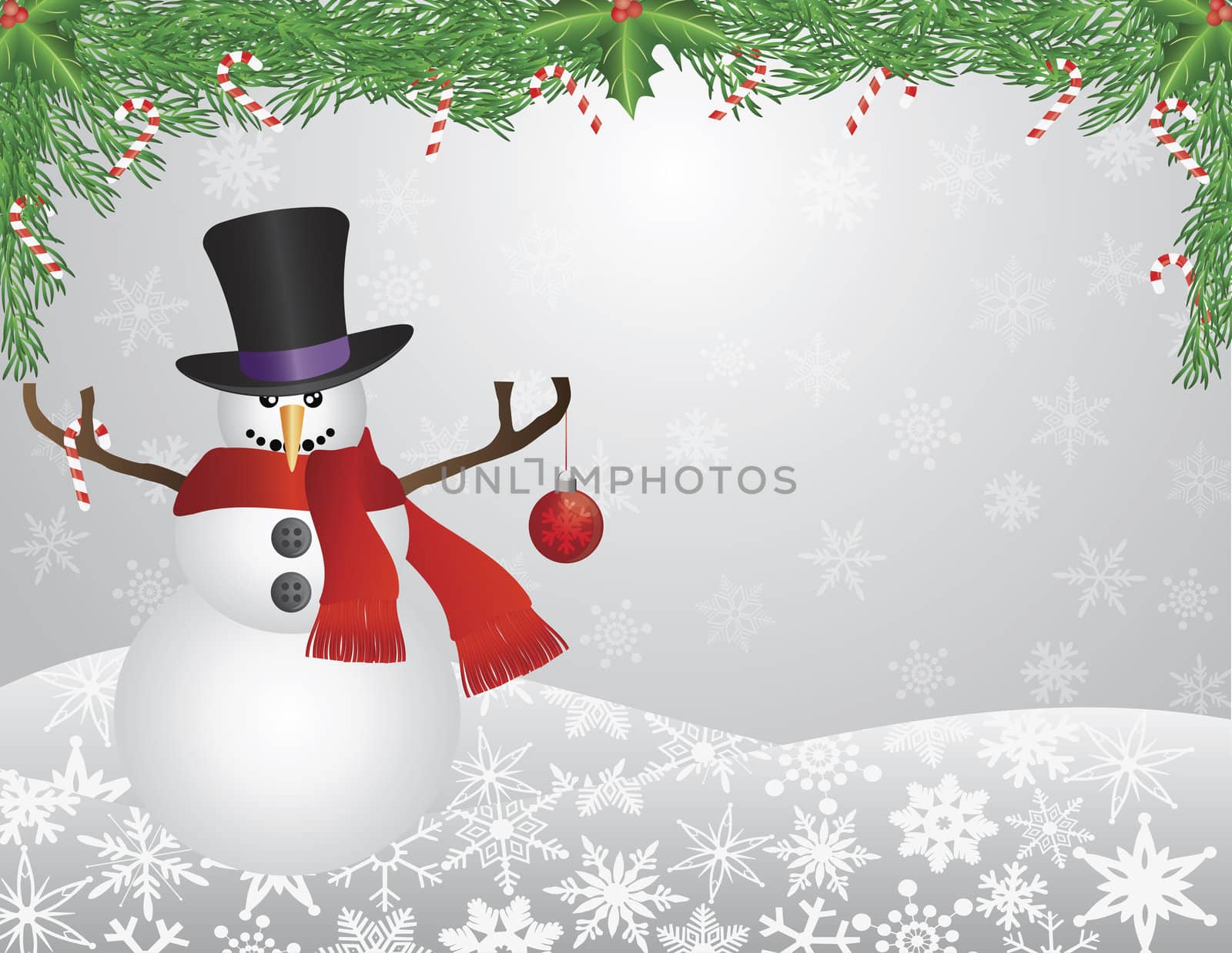 Snowman with Scarf Top Hat Christmas Ornament with and Garland with Candy Cane on Snowflakes Background Illustration