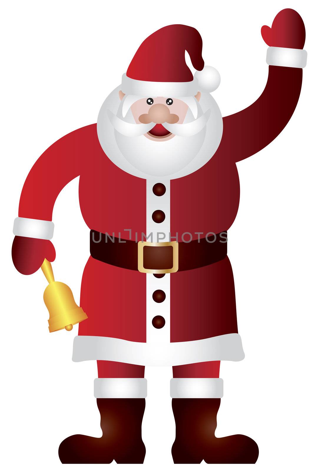 Santa Claus Standing Waving and Ringing Gold Bell Isolated on White Background Illustration