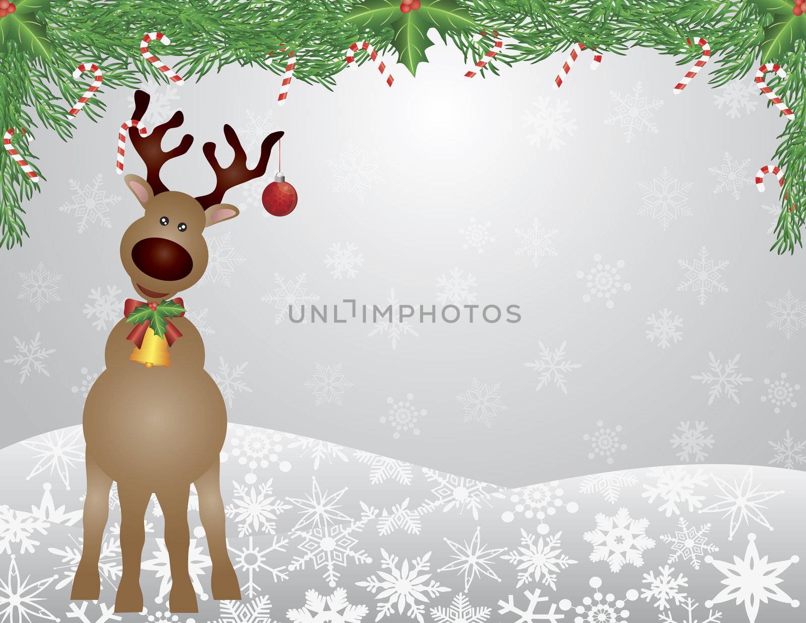 Santa Reindeer with Bow Holly Christmas Ornament with and Garland with Candy Cane on Snowflakes Background Illustration
