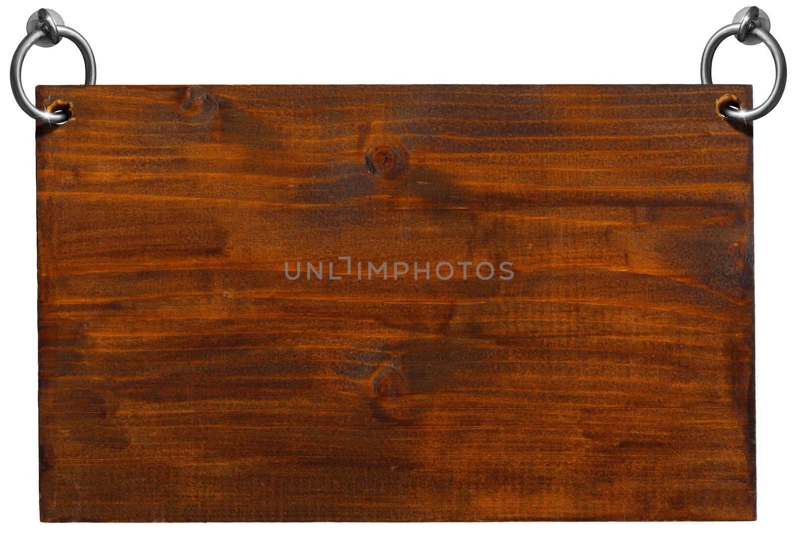 Dark Brown Wooden sign hanging on to two steel ring isolated on white