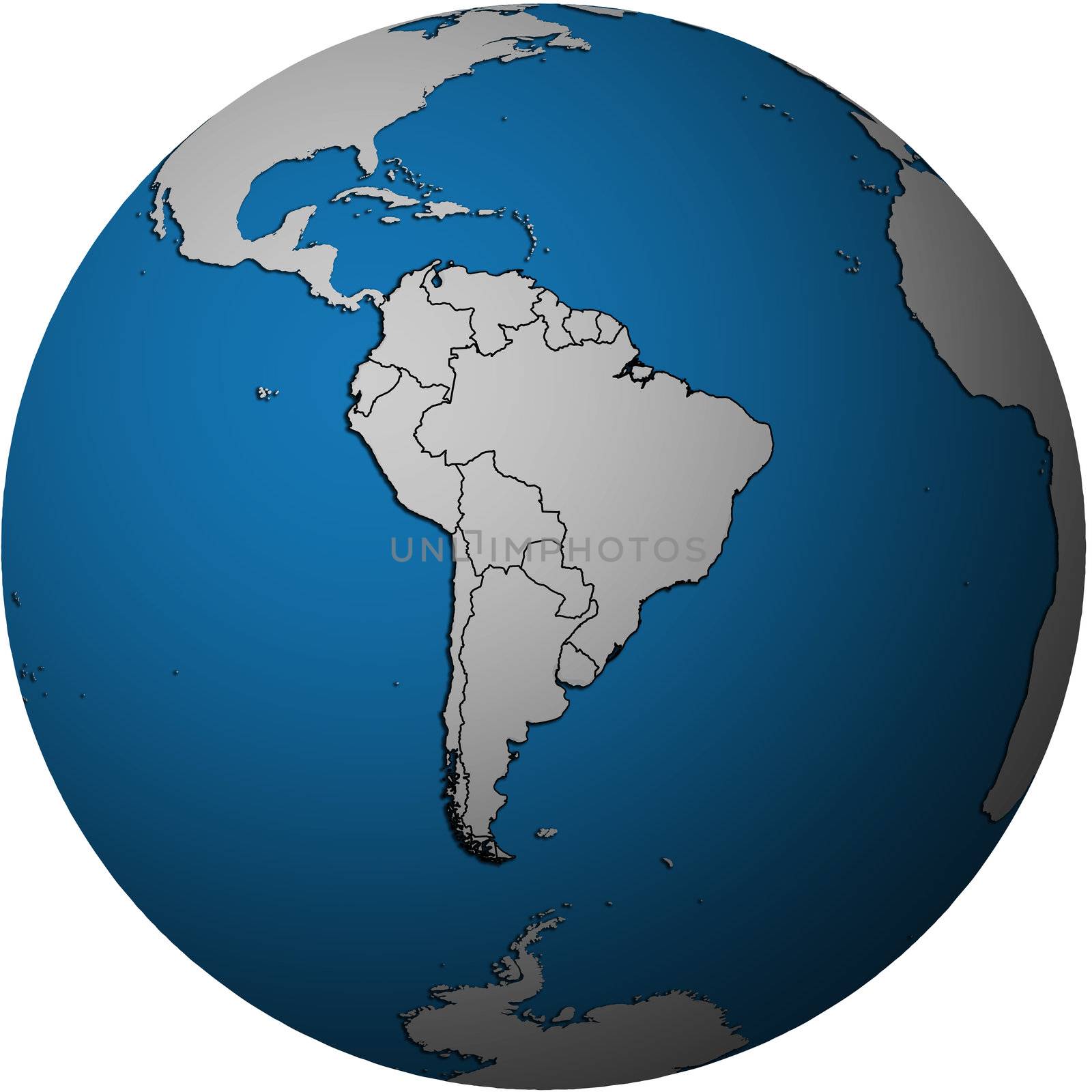 map of south american countries on isolated over white map of globe