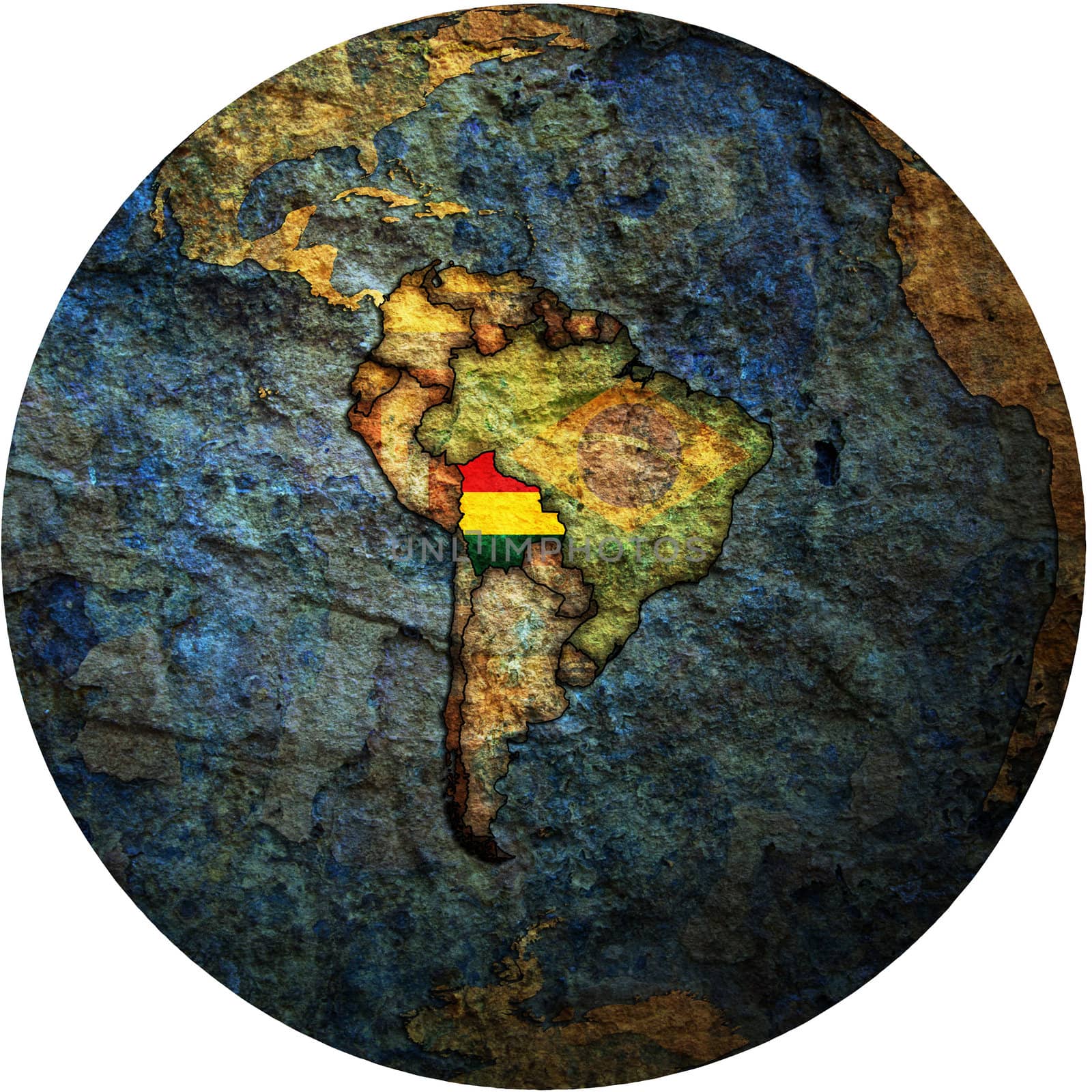 map with flag of bolivia on isolated over white map of globe