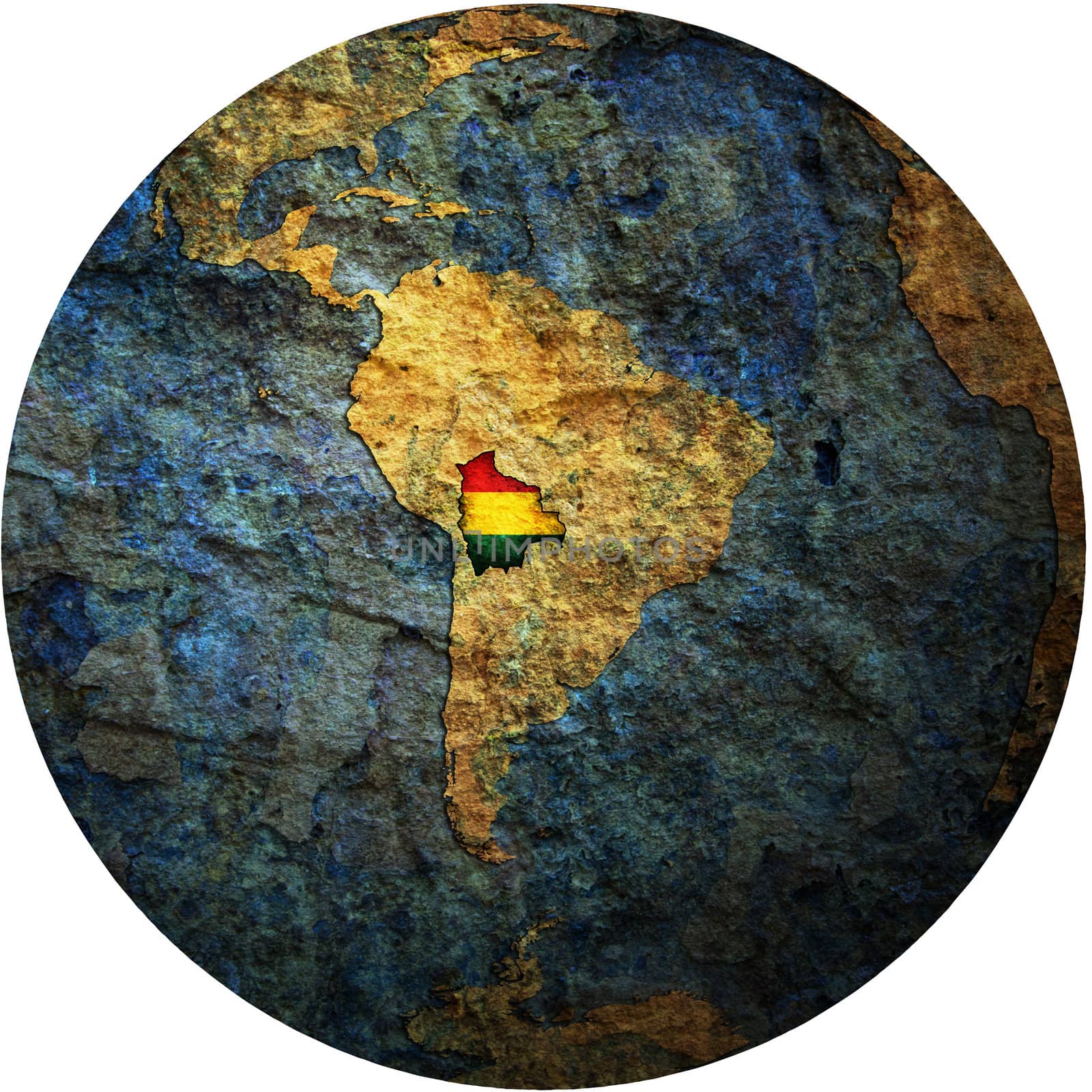 map with flag of bolivia on isolated over white map of globe