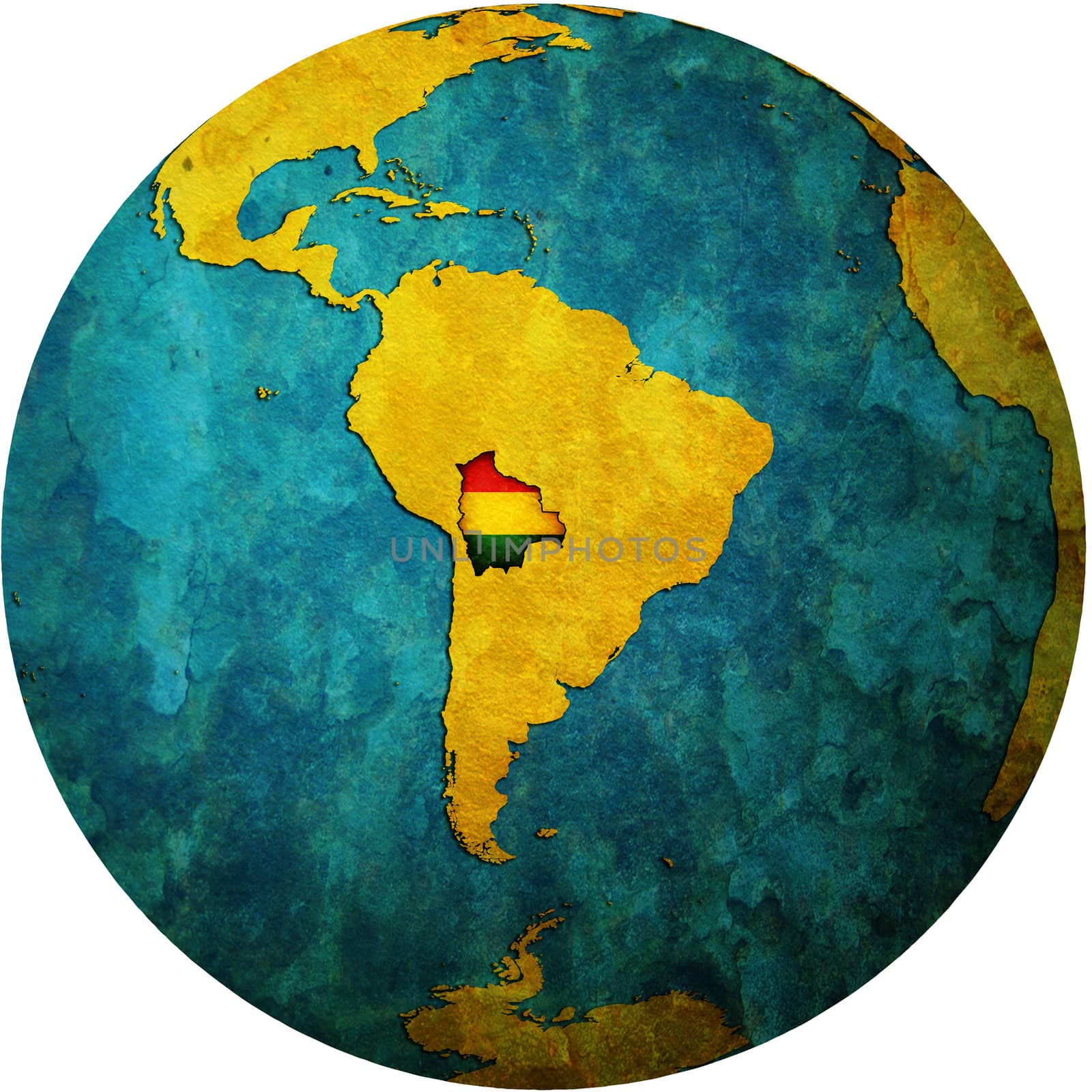 map with flag of bolivia on isolated over white map of globe