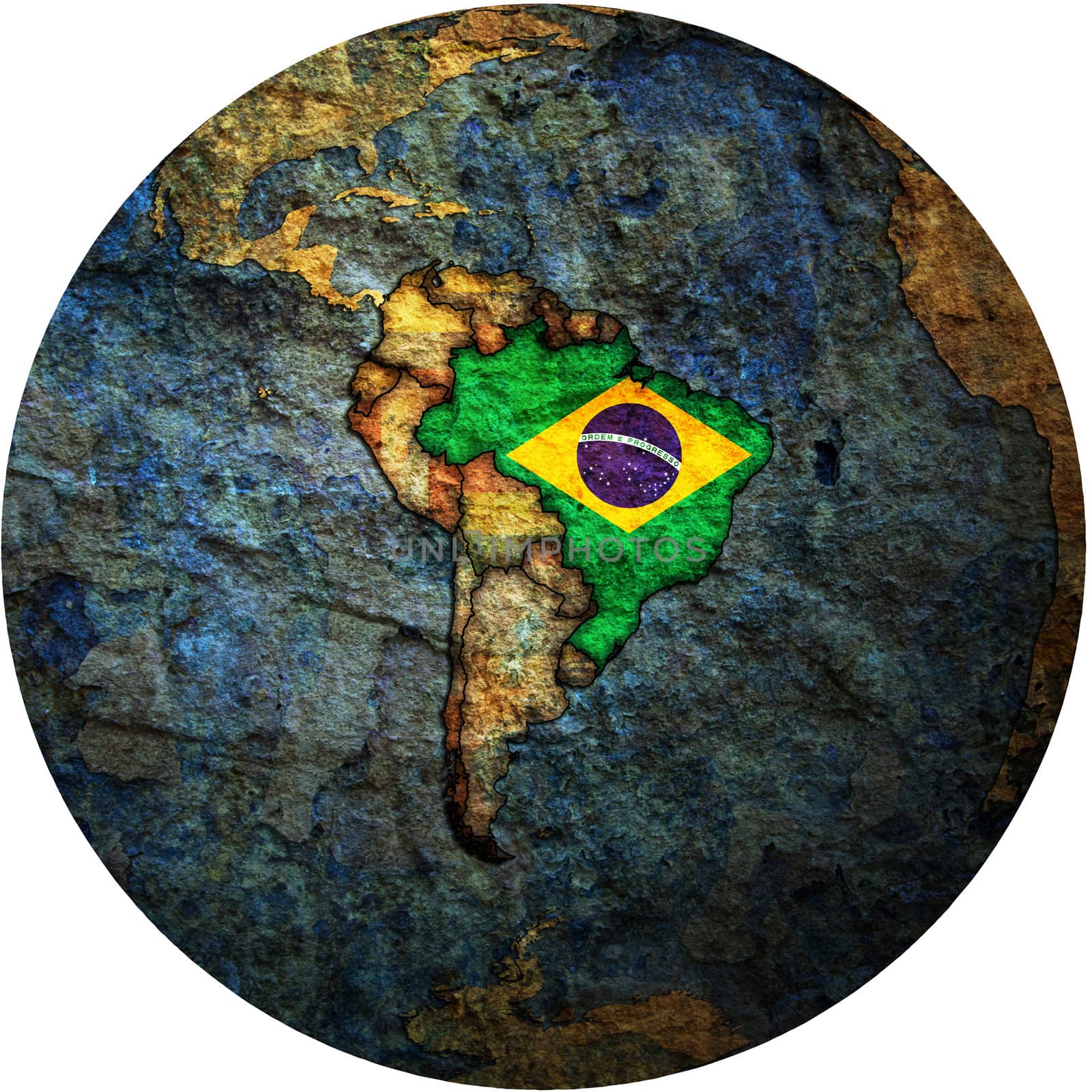 map with flag of brazil on isolated over white map of globe