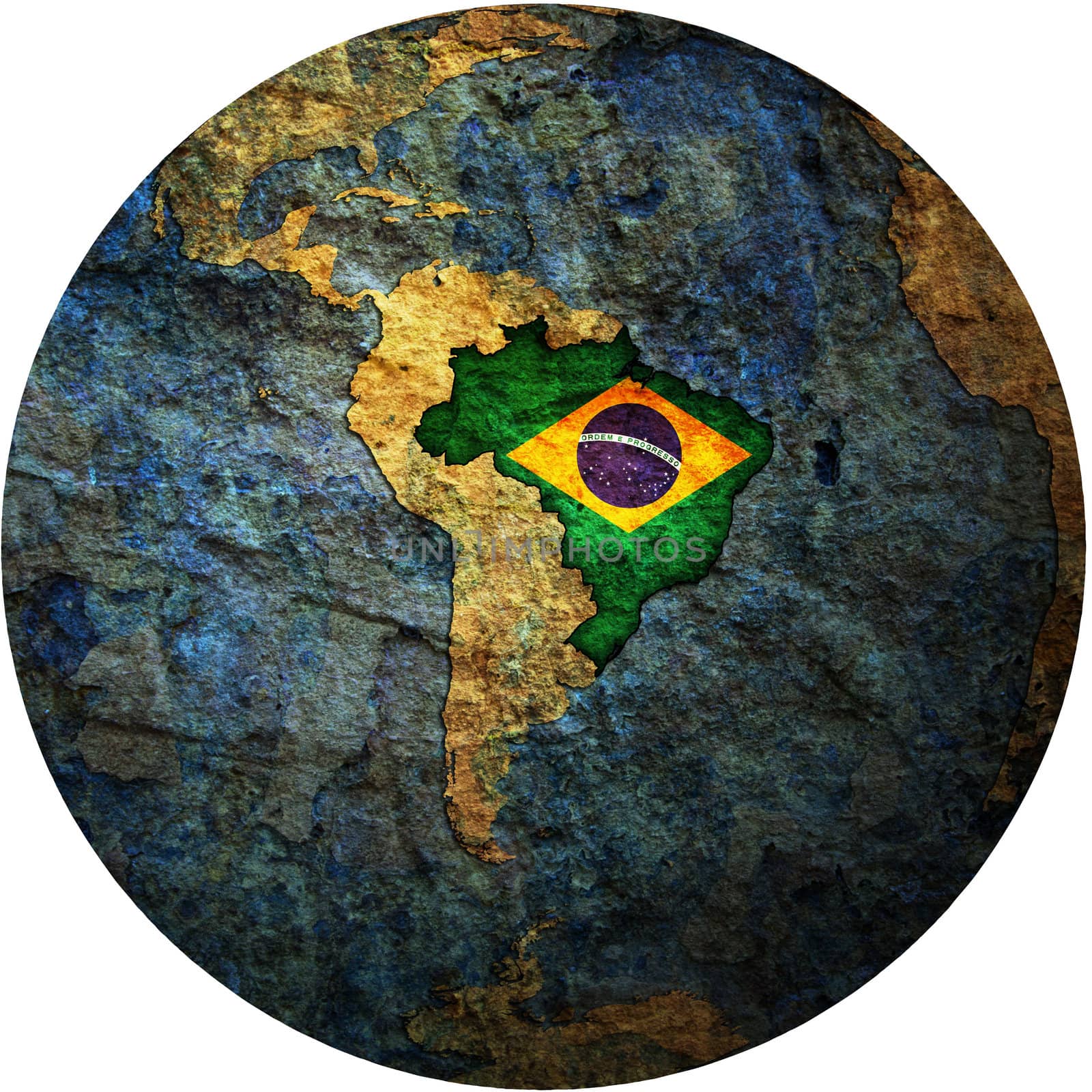 map with flag of brazil on isolated over white map of globe