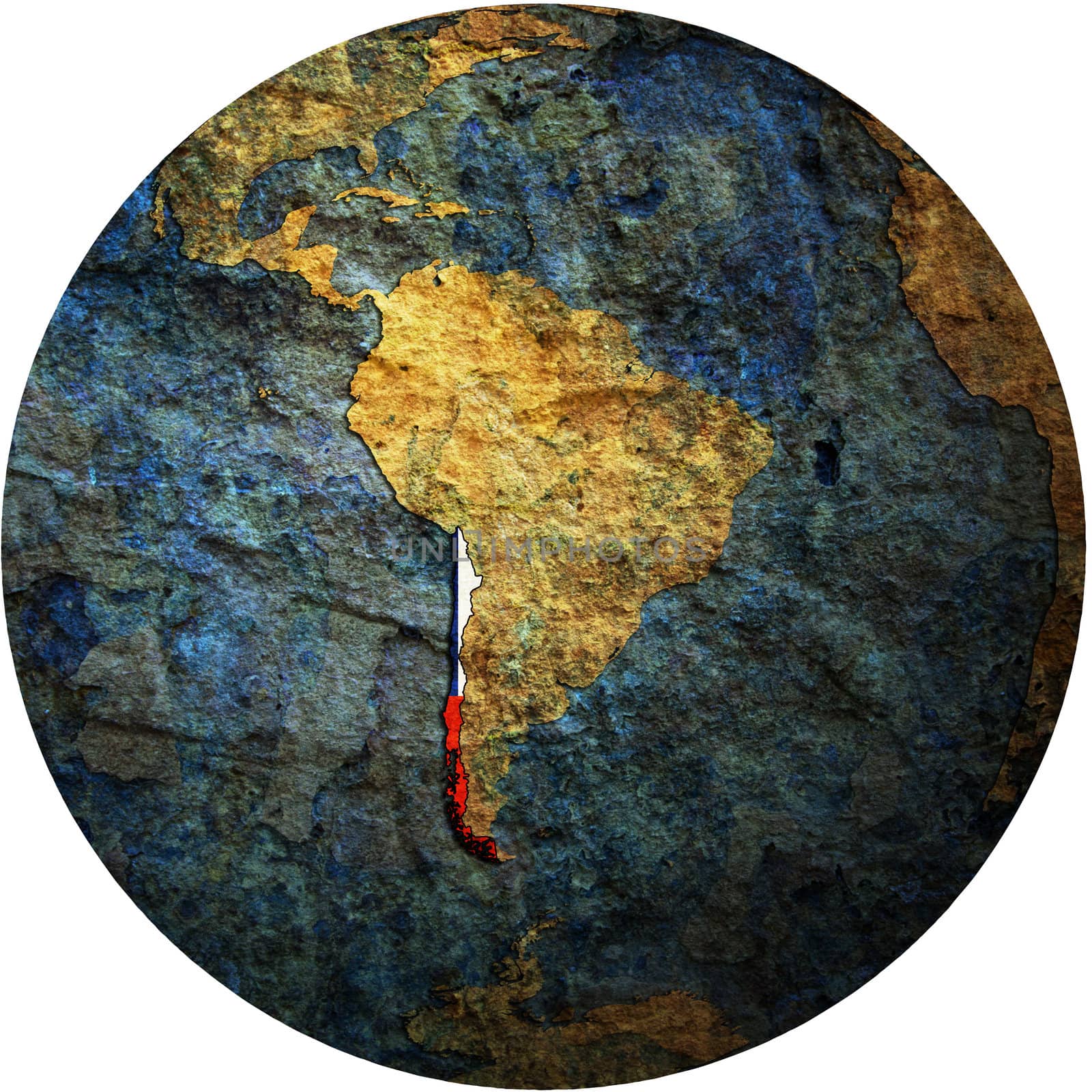 map with flag of chile on isolated over white map of globe