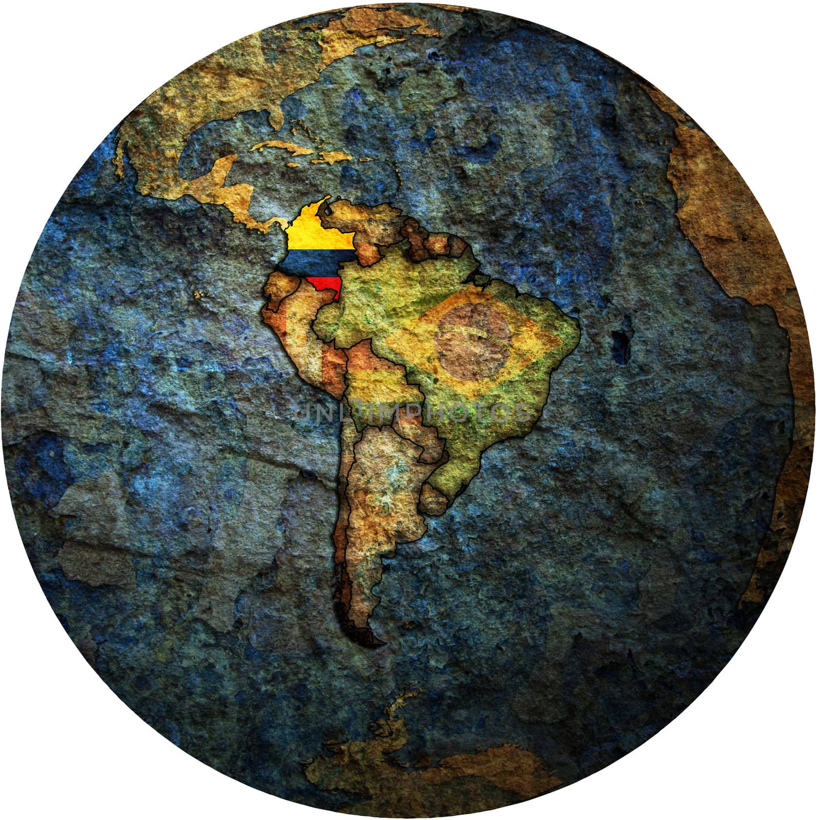 map with flag of colombia on isolated over white map of globe