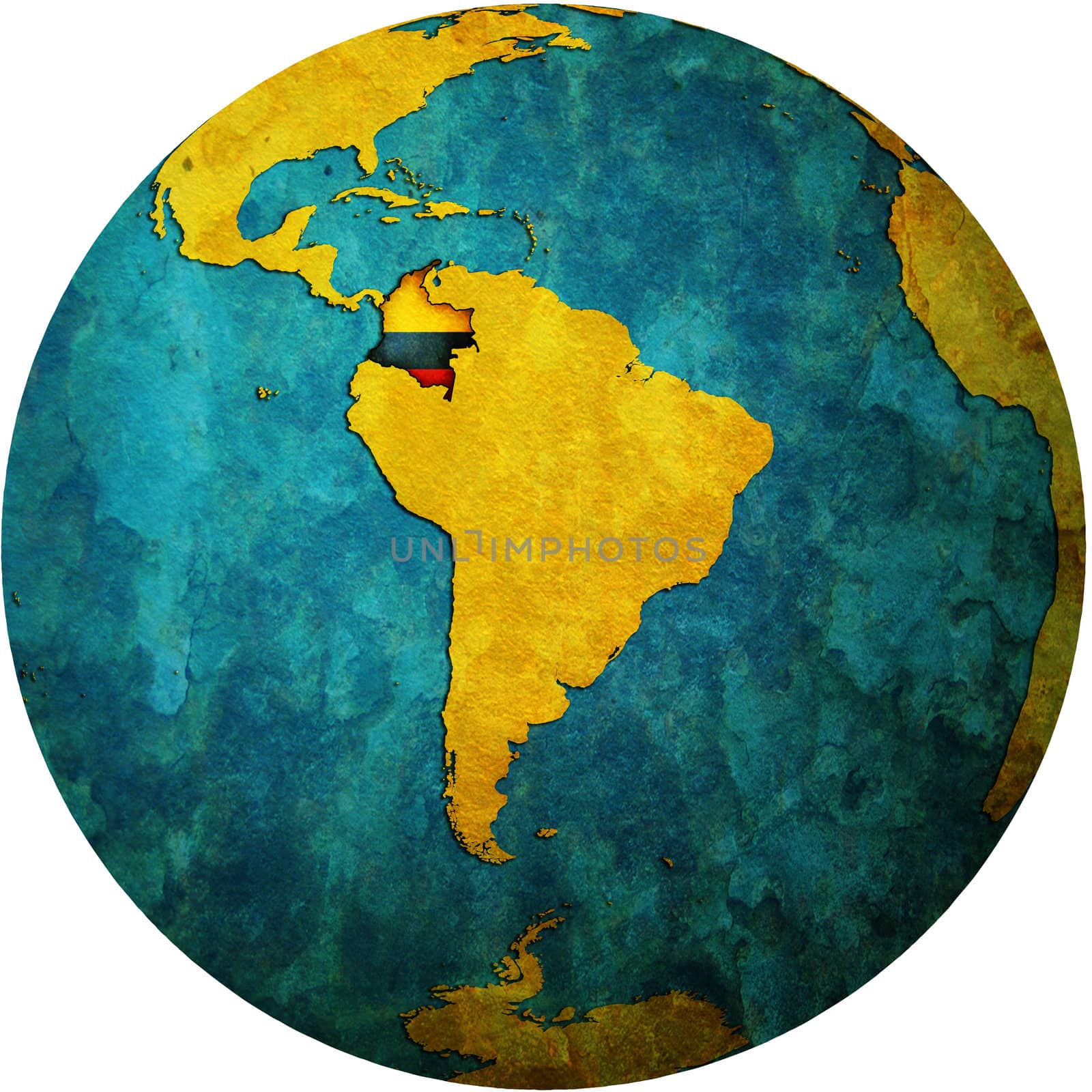map with flag of colombia on isolated over white map of globe