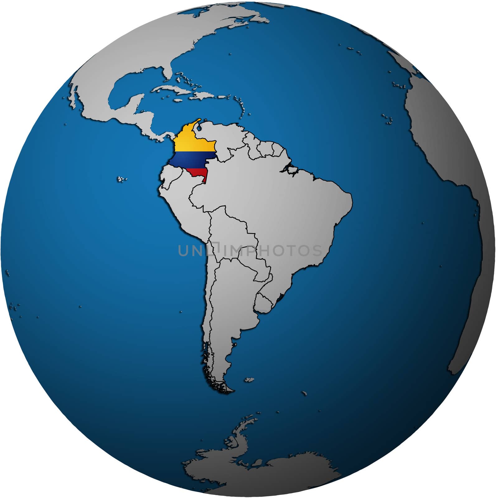 map with flag of colombia on isolated over white map of globe