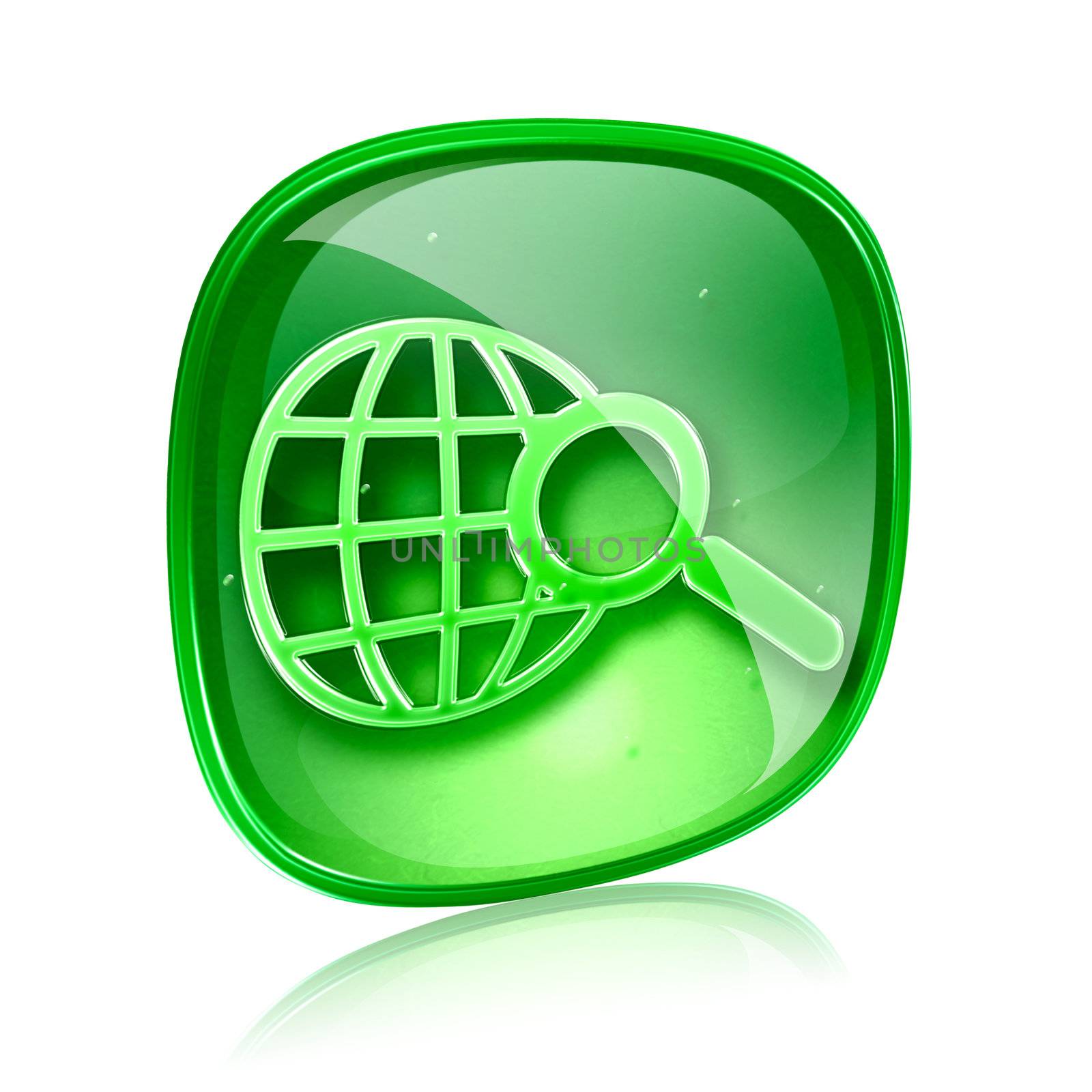globe and magnifier icon green glass, isolated on white background.