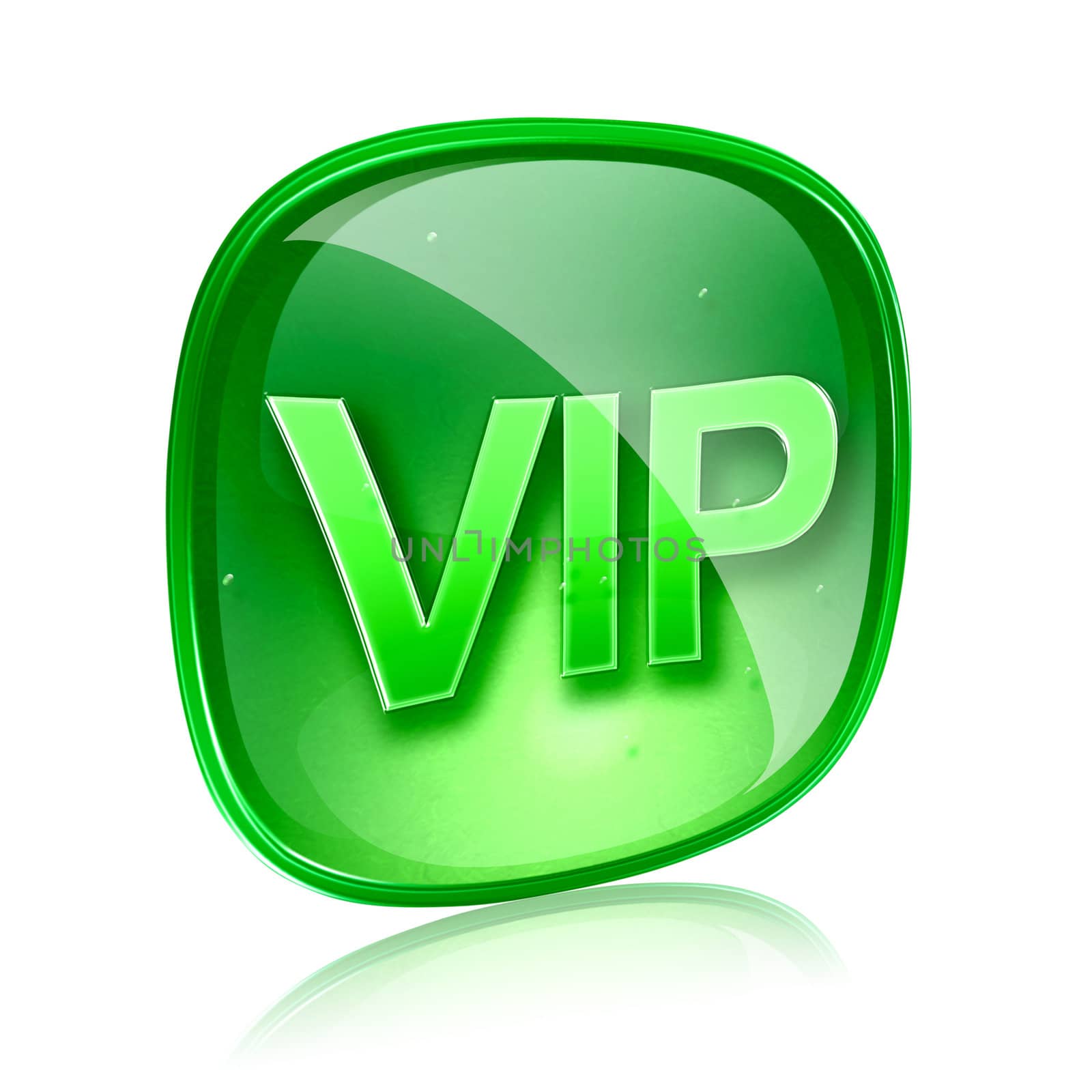 VIP icon green glass, isolated on white background.